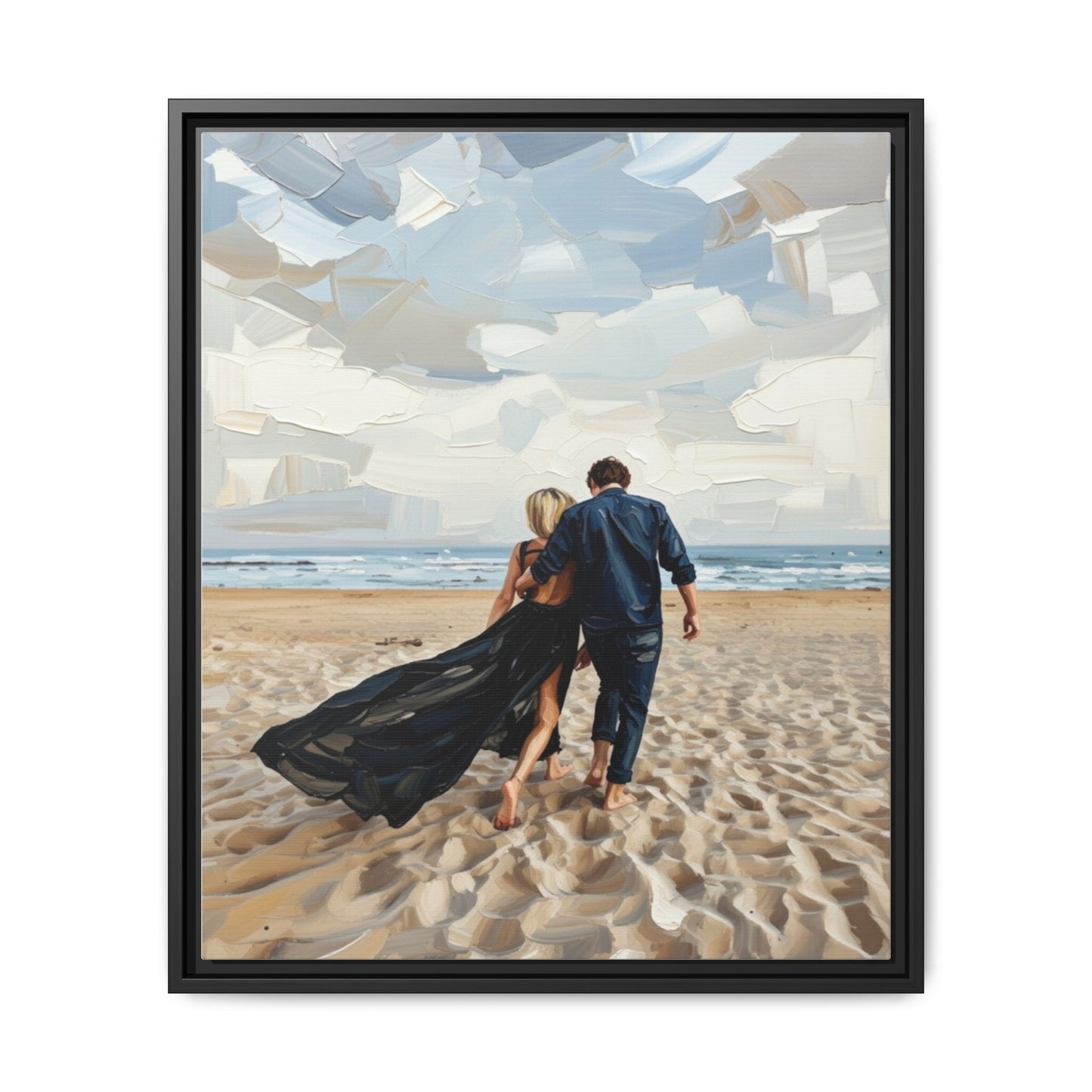 Framed Canvas Wall Art — Romantic Couple Walking on Beach Print