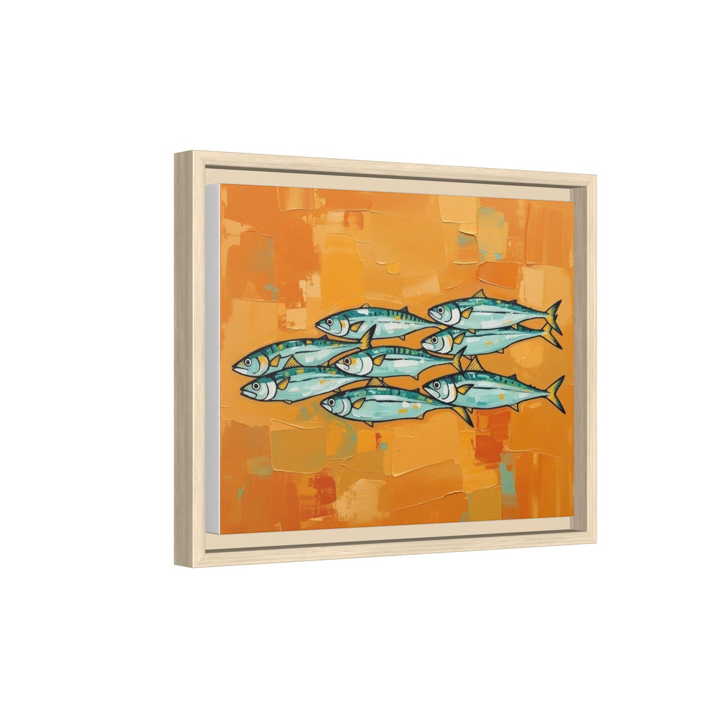 Framed Matte Canvas Print — School of Blue Fish on Orange Abstract Background