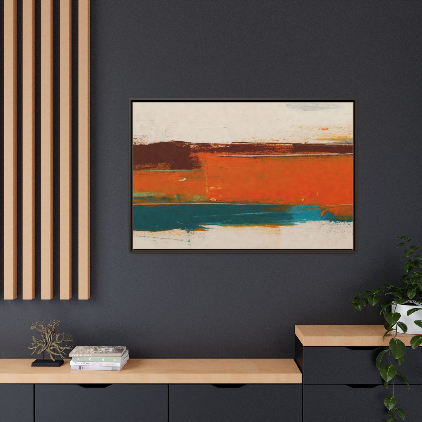 Abstract Horizon Matte Canvas Framed Print — Modern Orange Teal Wall Art