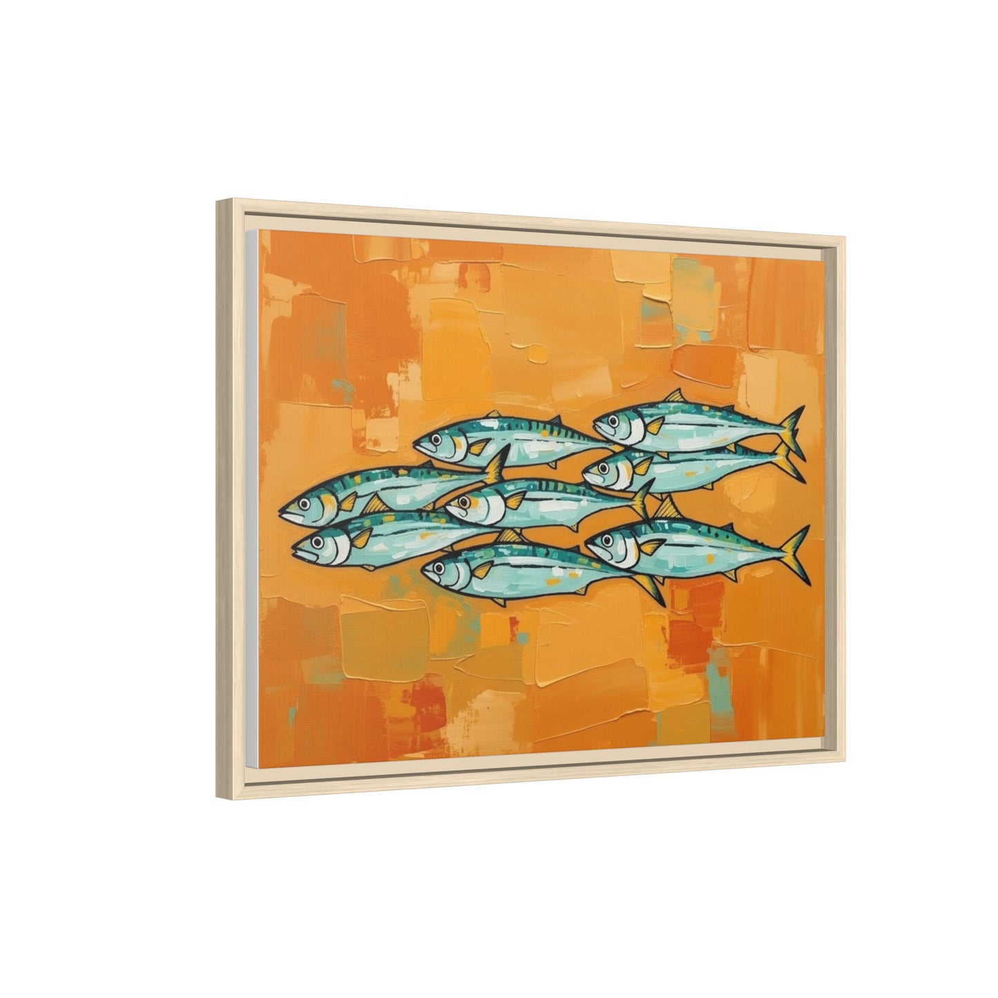 Framed Matte Canvas Print — School of Blue Fish on Orange Abstract Background