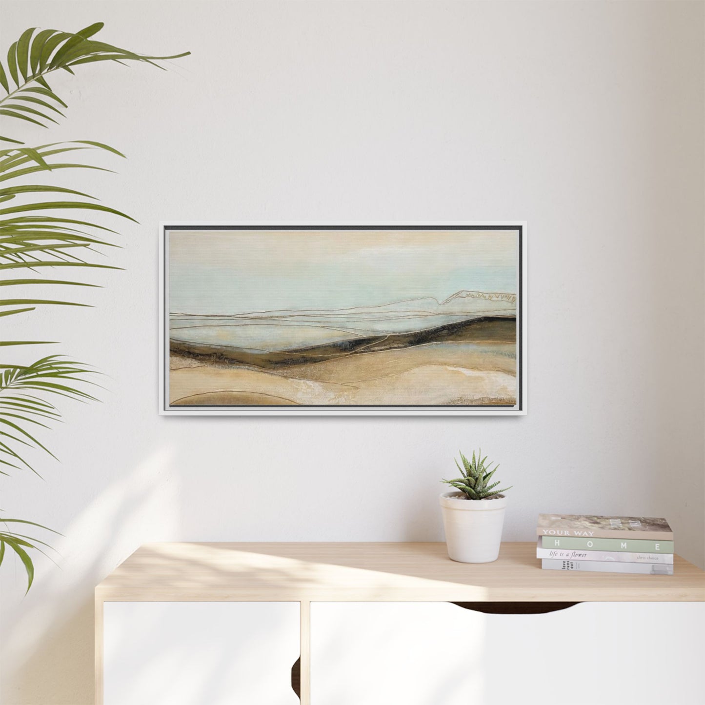 Framed Matte Canvas Wall Art — Neutral Abstract Landscape in Soft Blues & Earth Tones