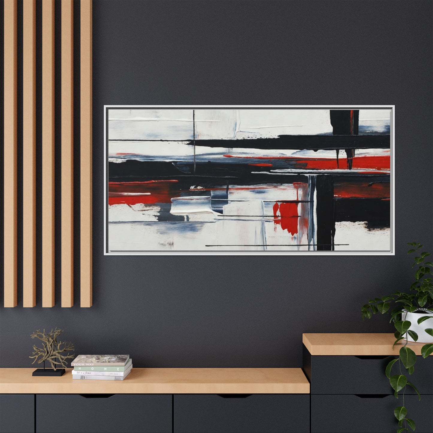 Abstract Red & Black Framed Canvas Art — Modern Matte Wall Painting