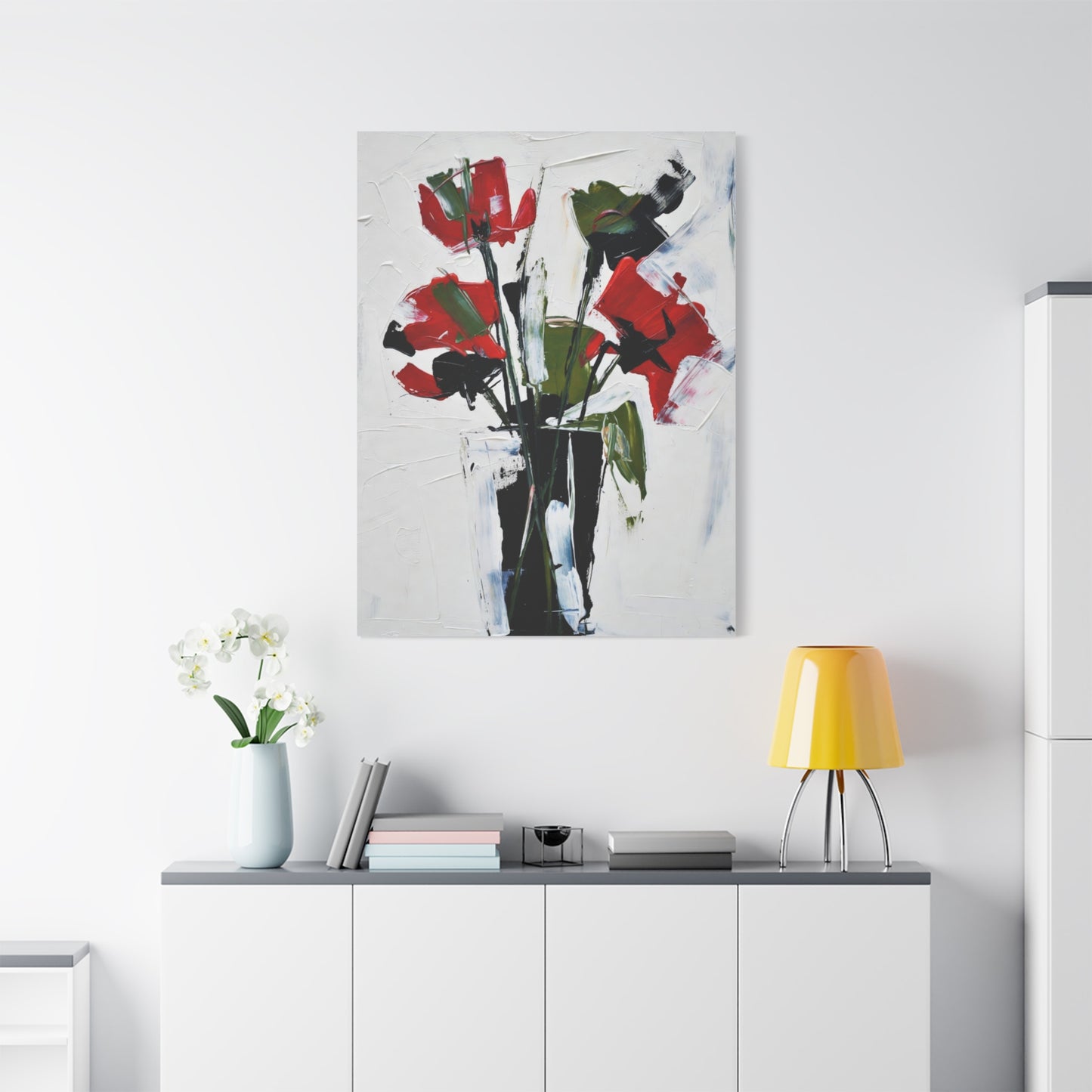 Red Floral Abstract Canvas Print — Modern Painterly Flowers on Matte Stretched Canvas
