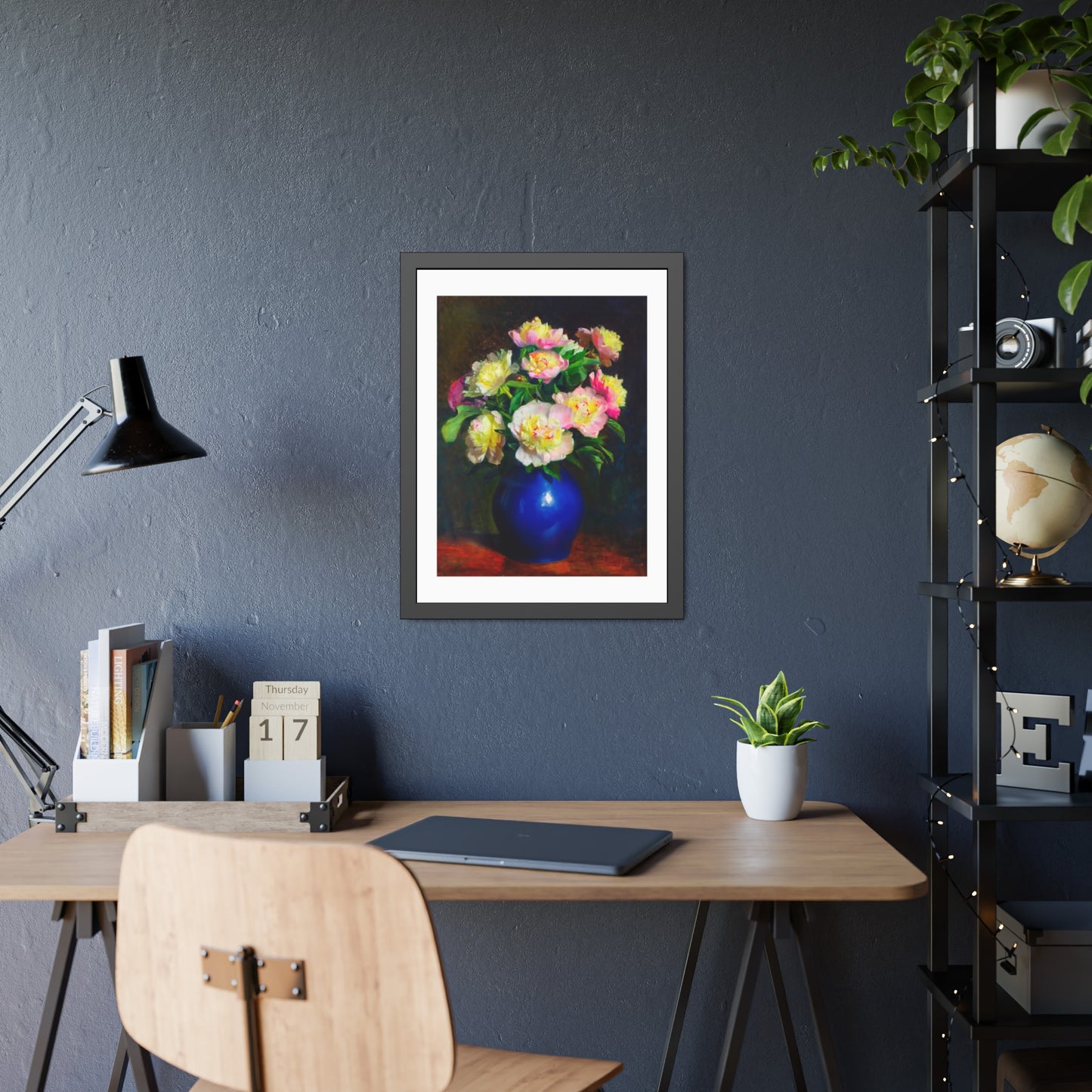 Framed Floral Poster — Pink Peonies in Blue Vase Wall Art