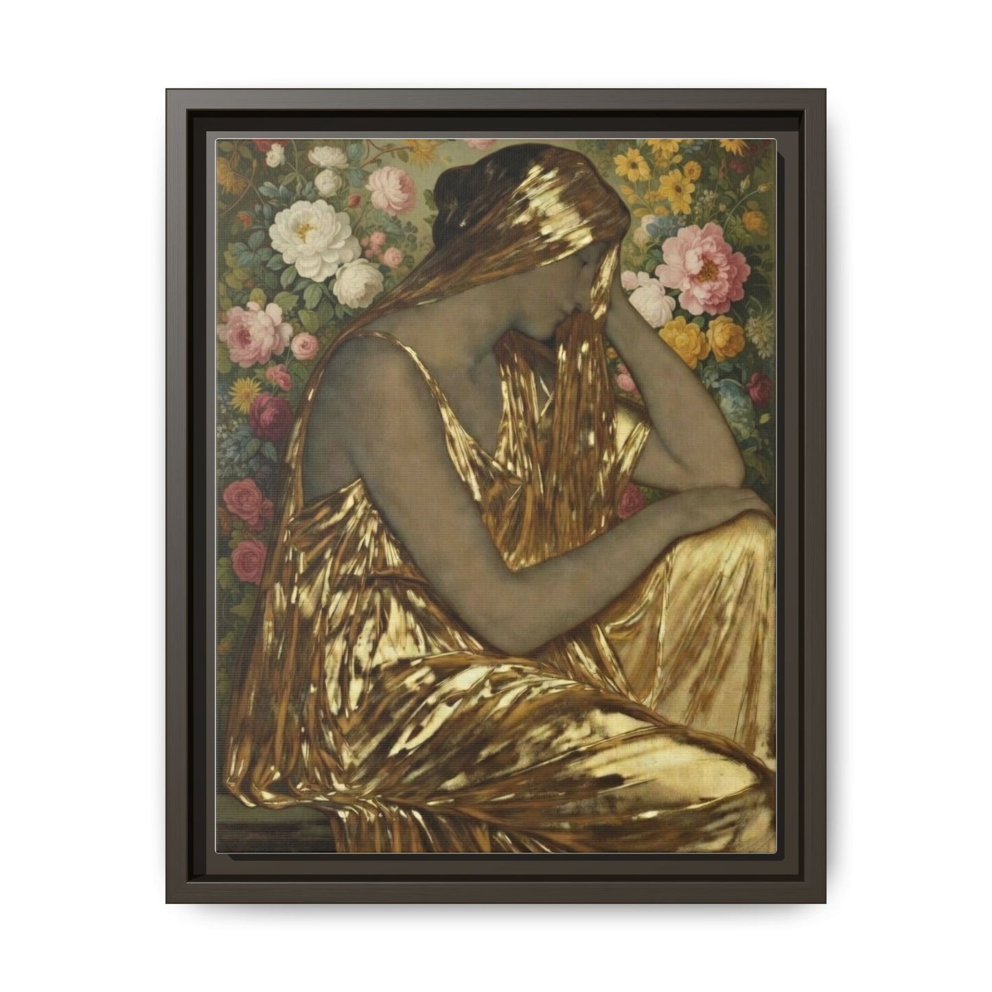 Framed Canvas Art Print — Golden Muse Woman with Floral Background