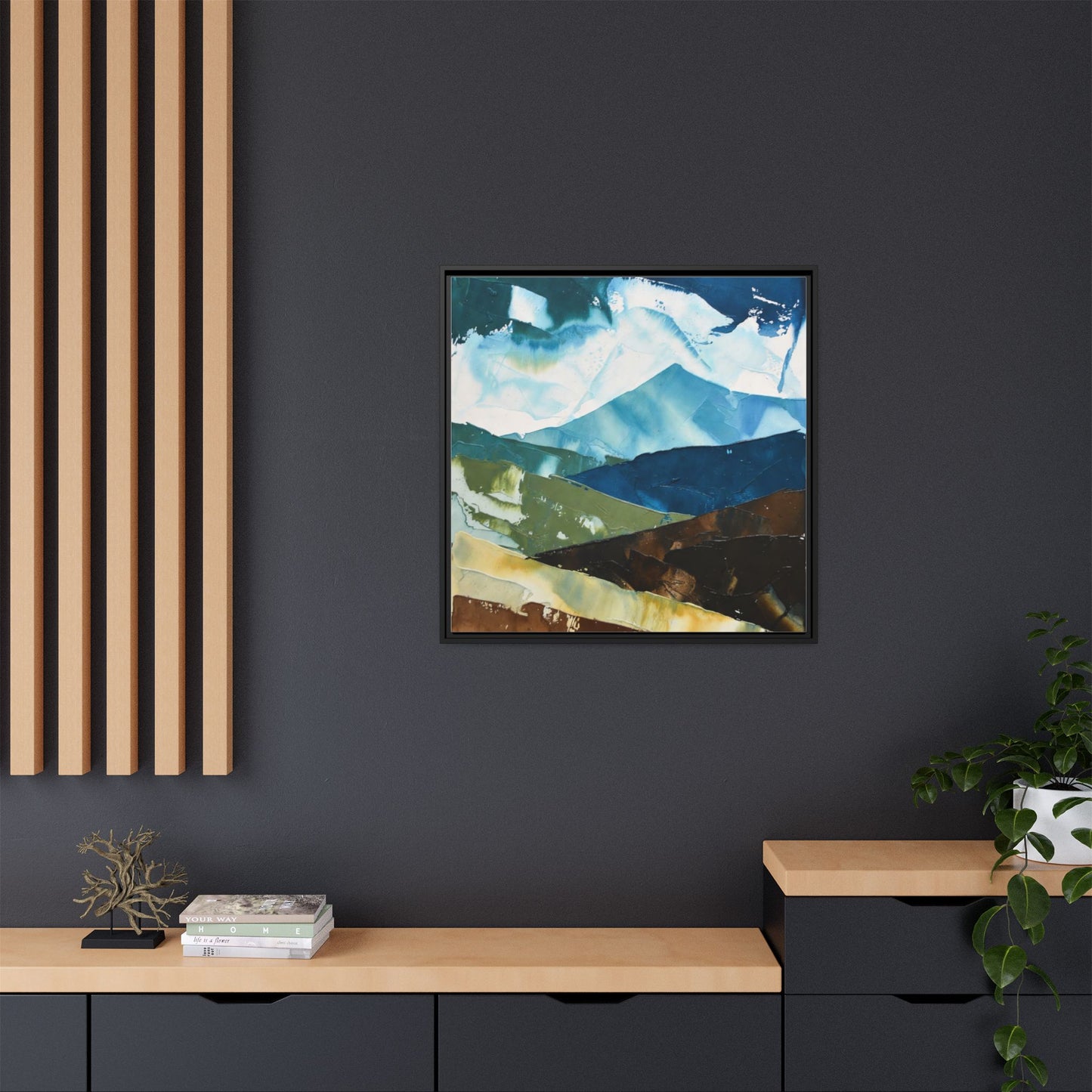 Framed Abstract Mountain Canvas Art — Blue & Earthtone Landscape Print