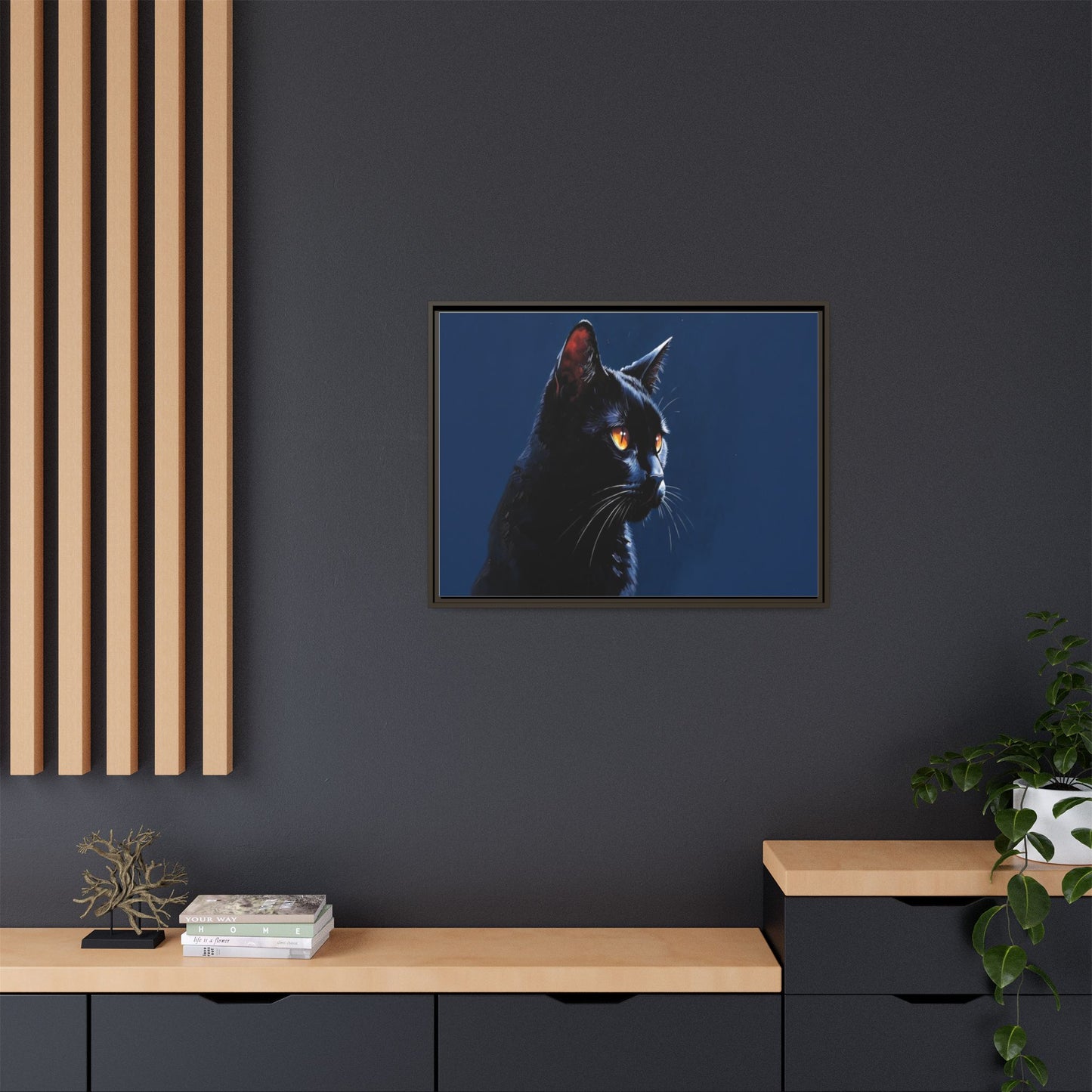 Black Cat Portrait Matte Canvas Framed Wall Art — Dramatic Feline Photo Print