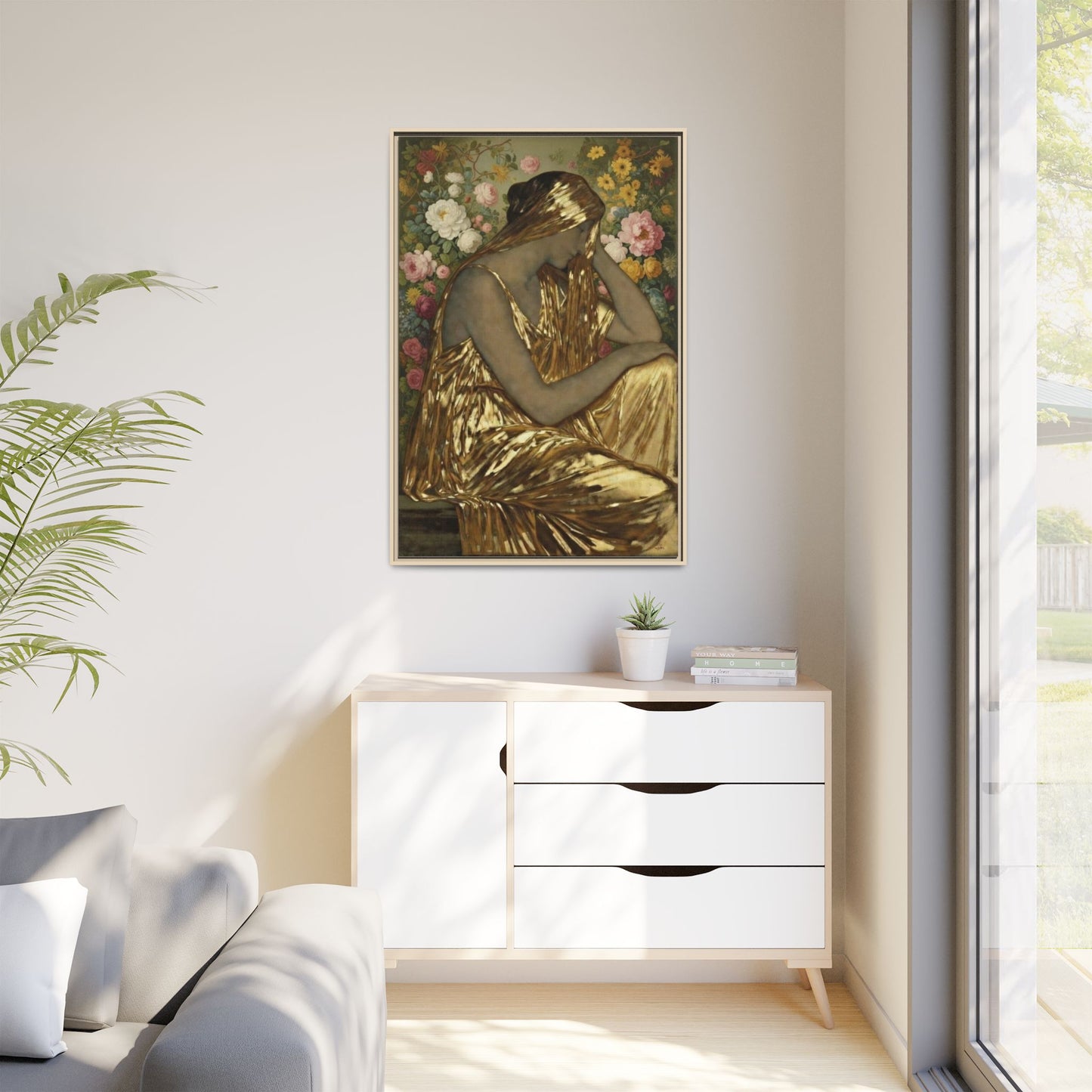 Framed Canvas Art Print — Golden Muse Woman with Floral Background