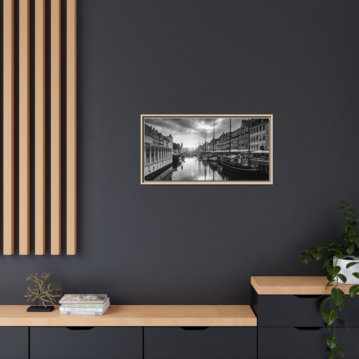Framed Matte Canvas: Black & White Dutch Canal Photography Wall Art