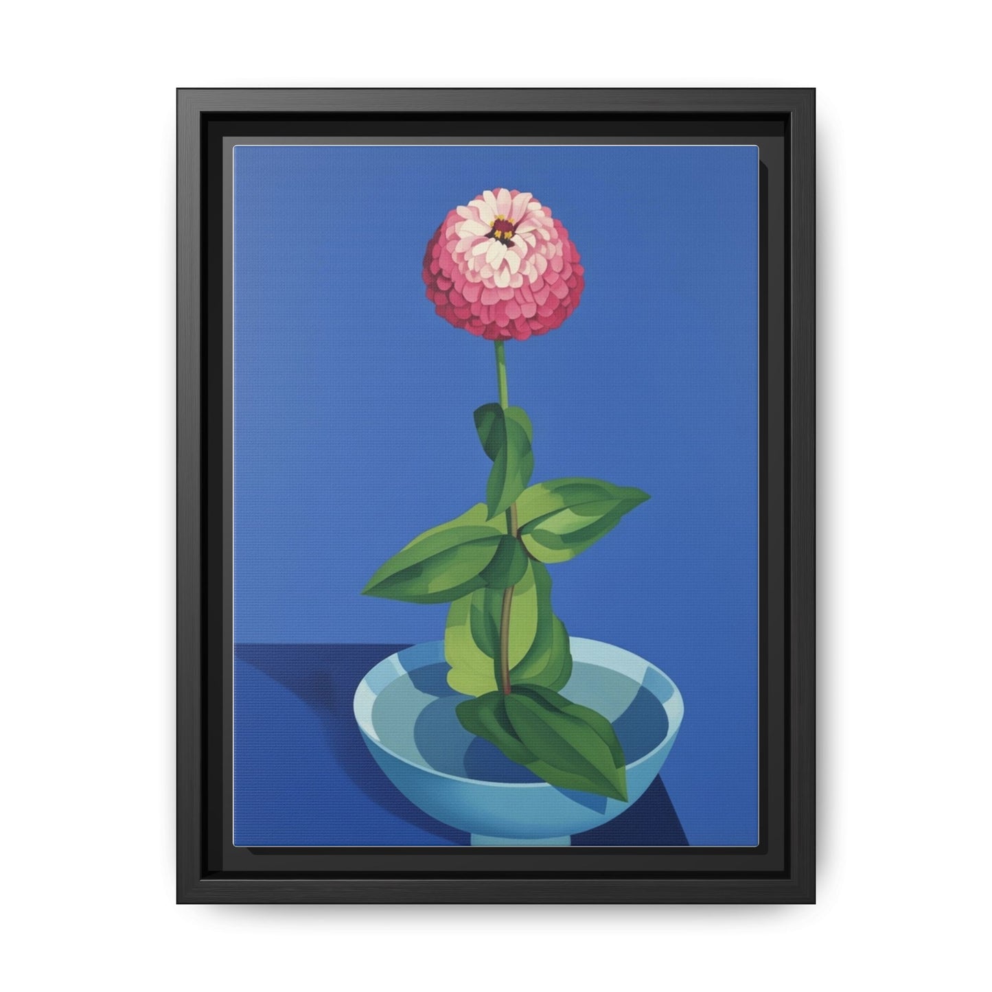 Framed Matte Canvas Art — Pink Zinnia in Blue Bowl (Botanical Still Life)