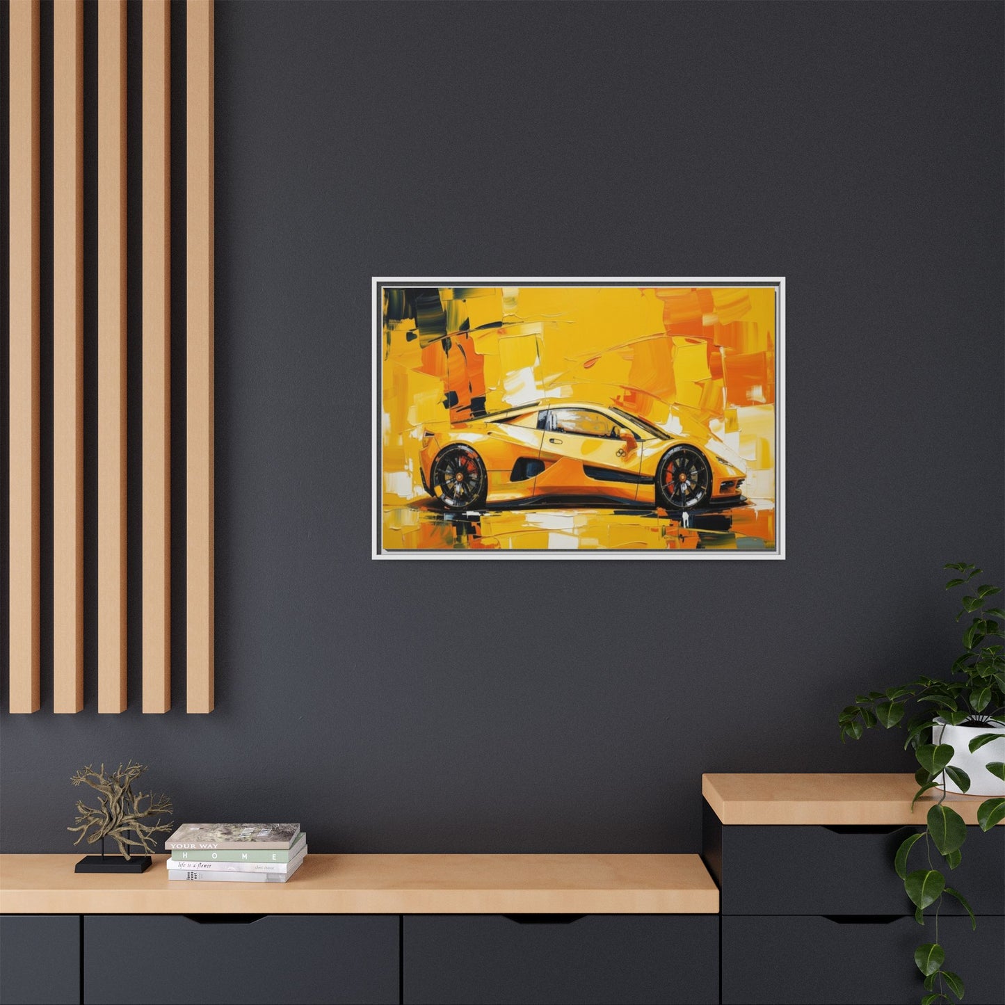 Yellow Sports Car Abstract Matte Canvas Framed Print