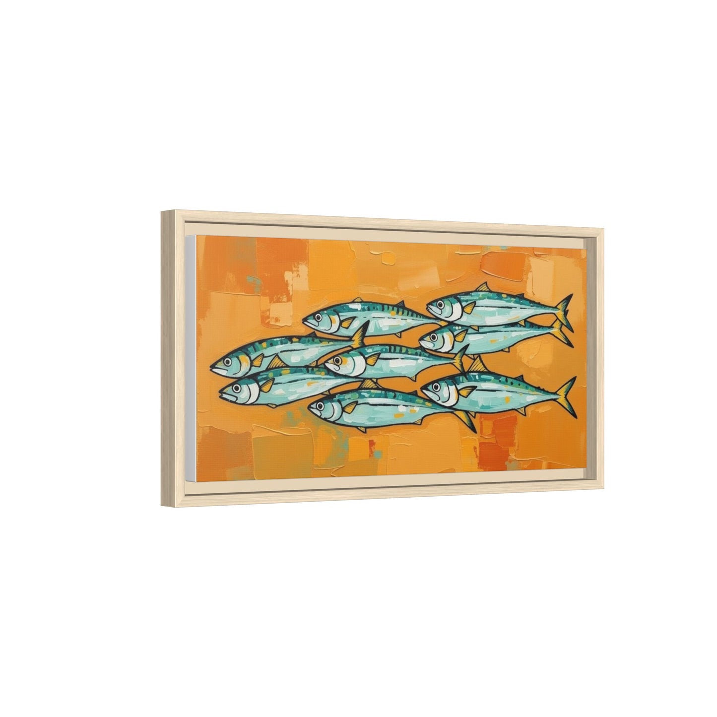 Framed Matte Canvas Print — School of Blue Fish on Orange Abstract Background