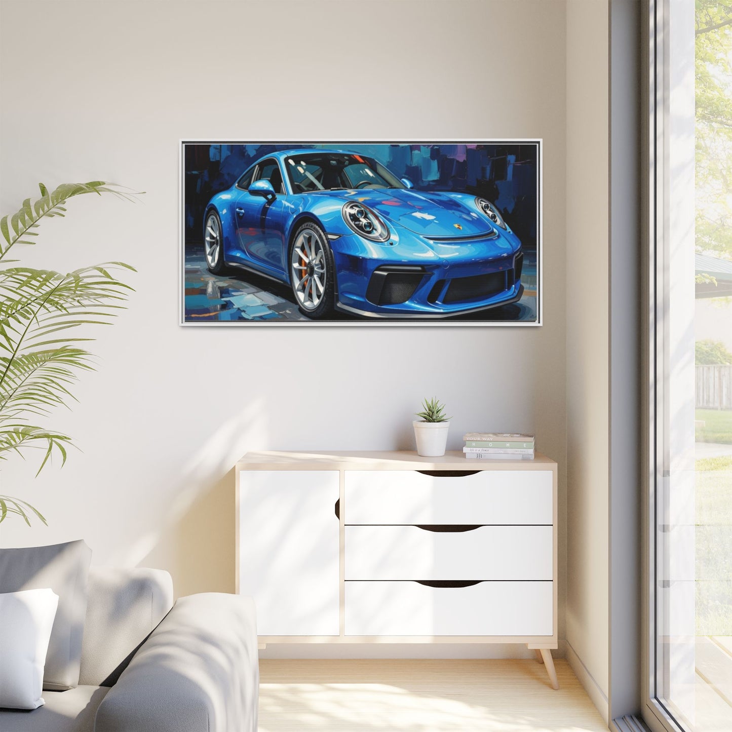Blue Sports Car Matte Canvas Framed Print — Modern Automotive Wall Art
