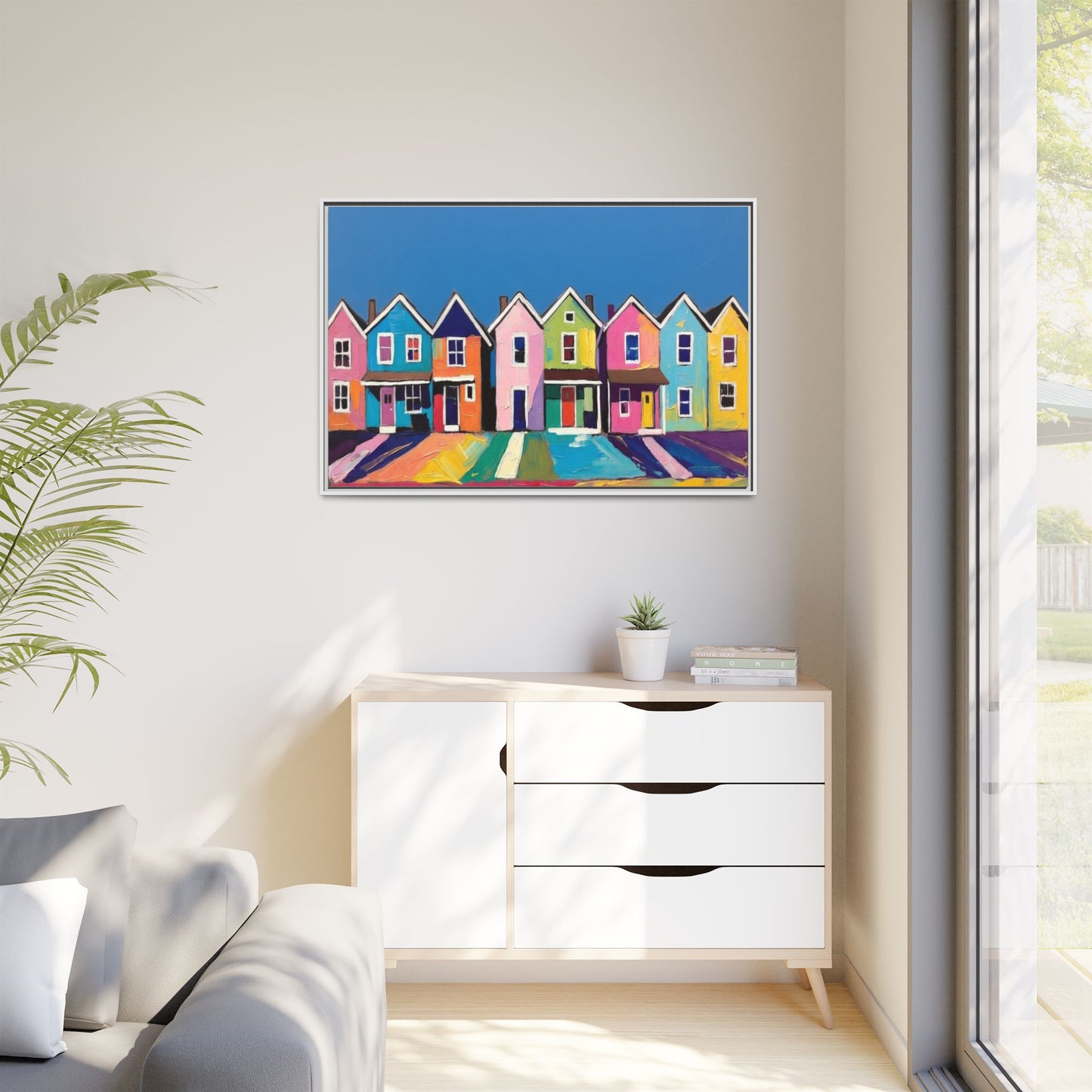 Colorful Beach Houses Matte Canvas Framed Wall Art