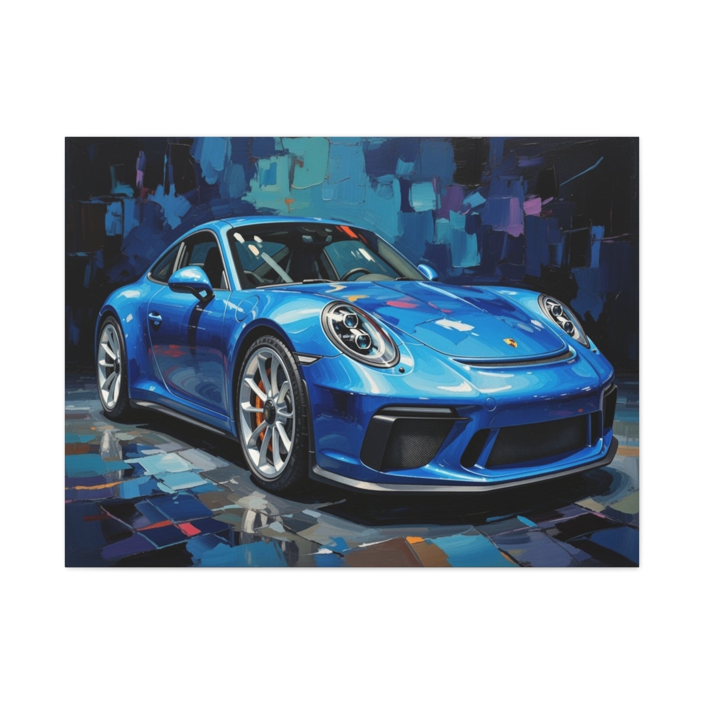 Blue Sports Car Canvas Wall Art — Modern Automotive Painting on Stretched Matte Canvas