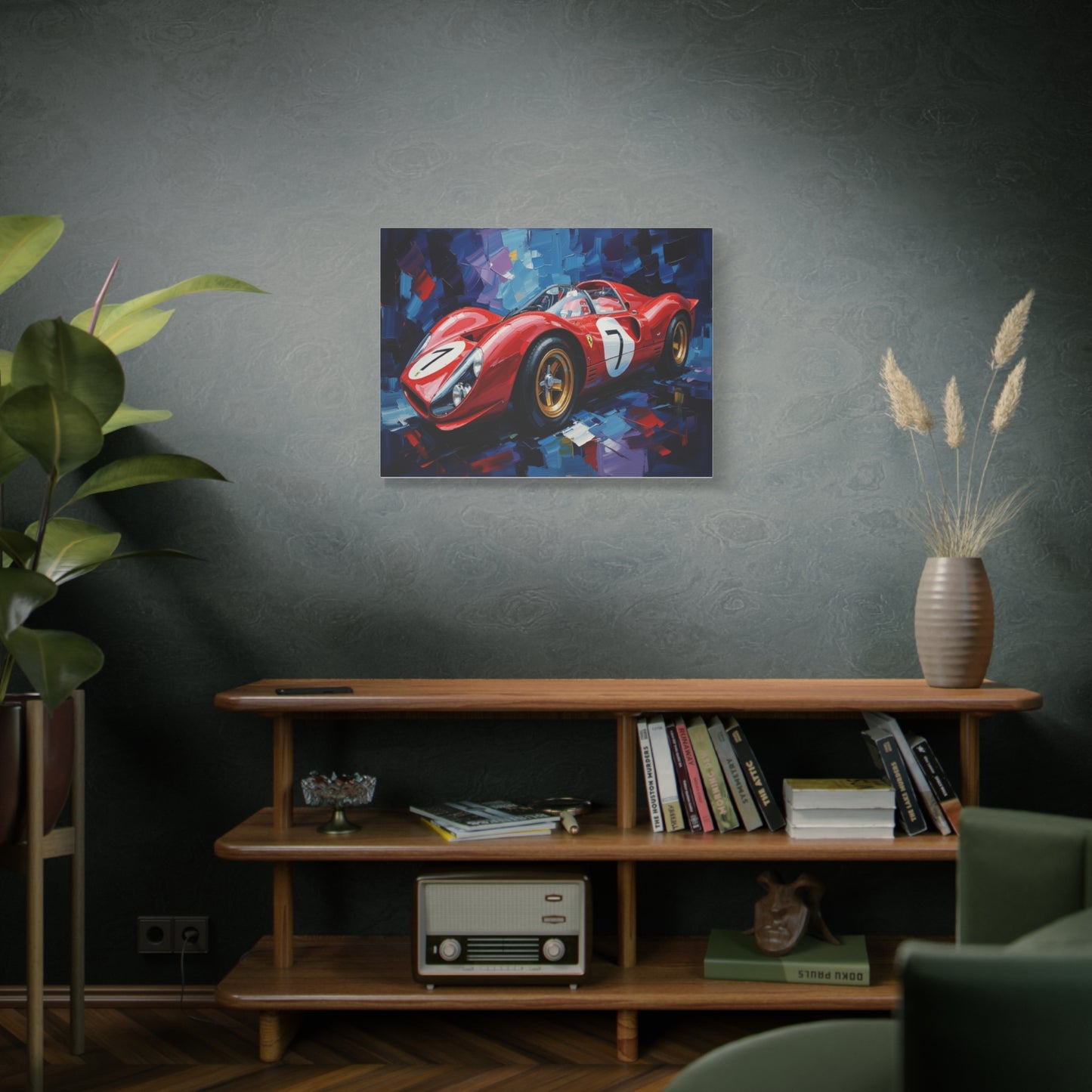 Vintage Ferrari Racing Car Canvas Print — Red Classic Sports Car Artwork (Matte Stretched)