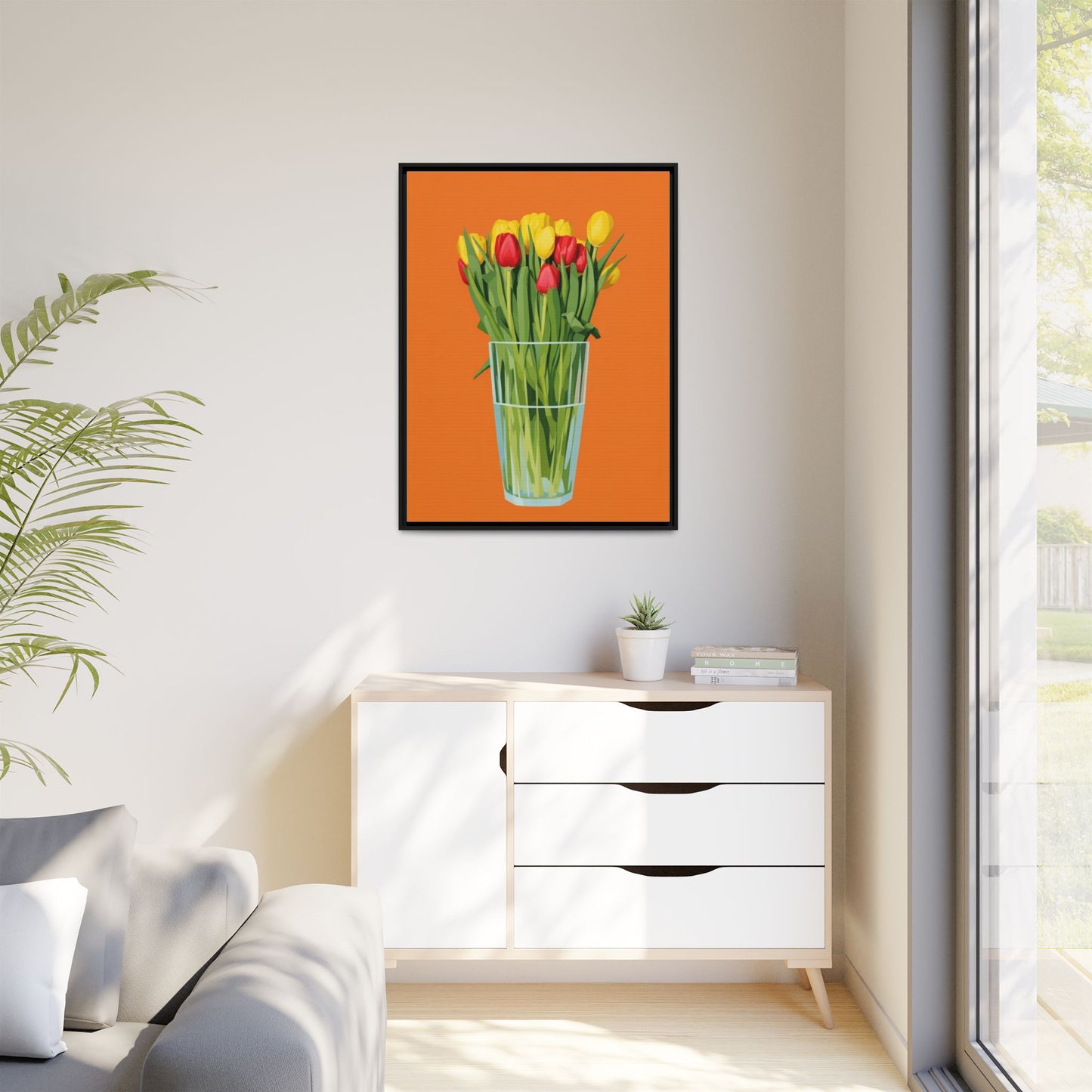 Framed Tulip Canvas Print — Colorful Tulips in Glass Vase