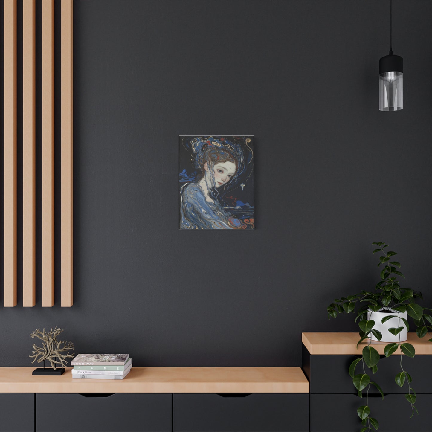 Ethereal Siren Matte Canvas Wall Art — Surreal Blue Portrait, Stretched 1.25"