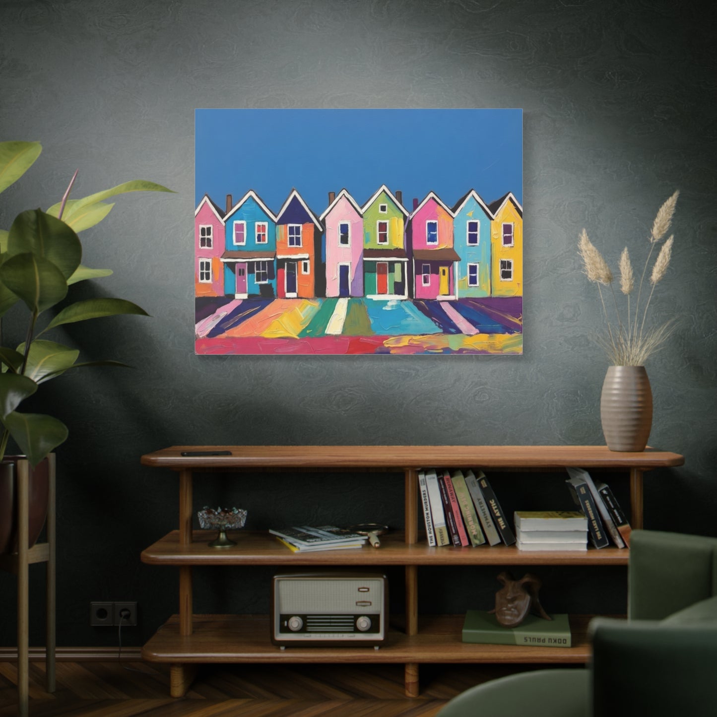 Colorful Row Houses Matte Canvas Print Vibrant Coastal Neighborhood Wall Art