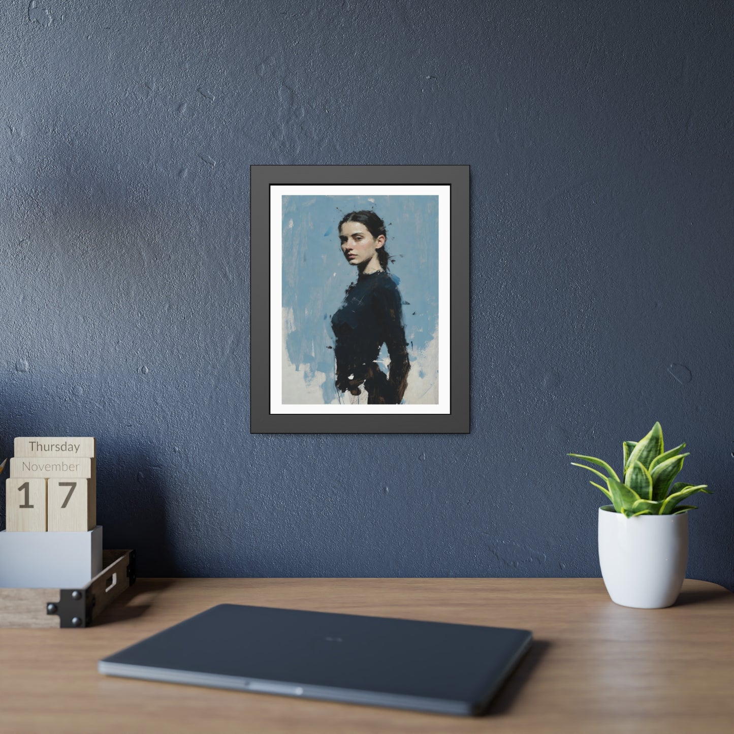 Framed Art Print — Moody Portrait with Blue Painterly Background