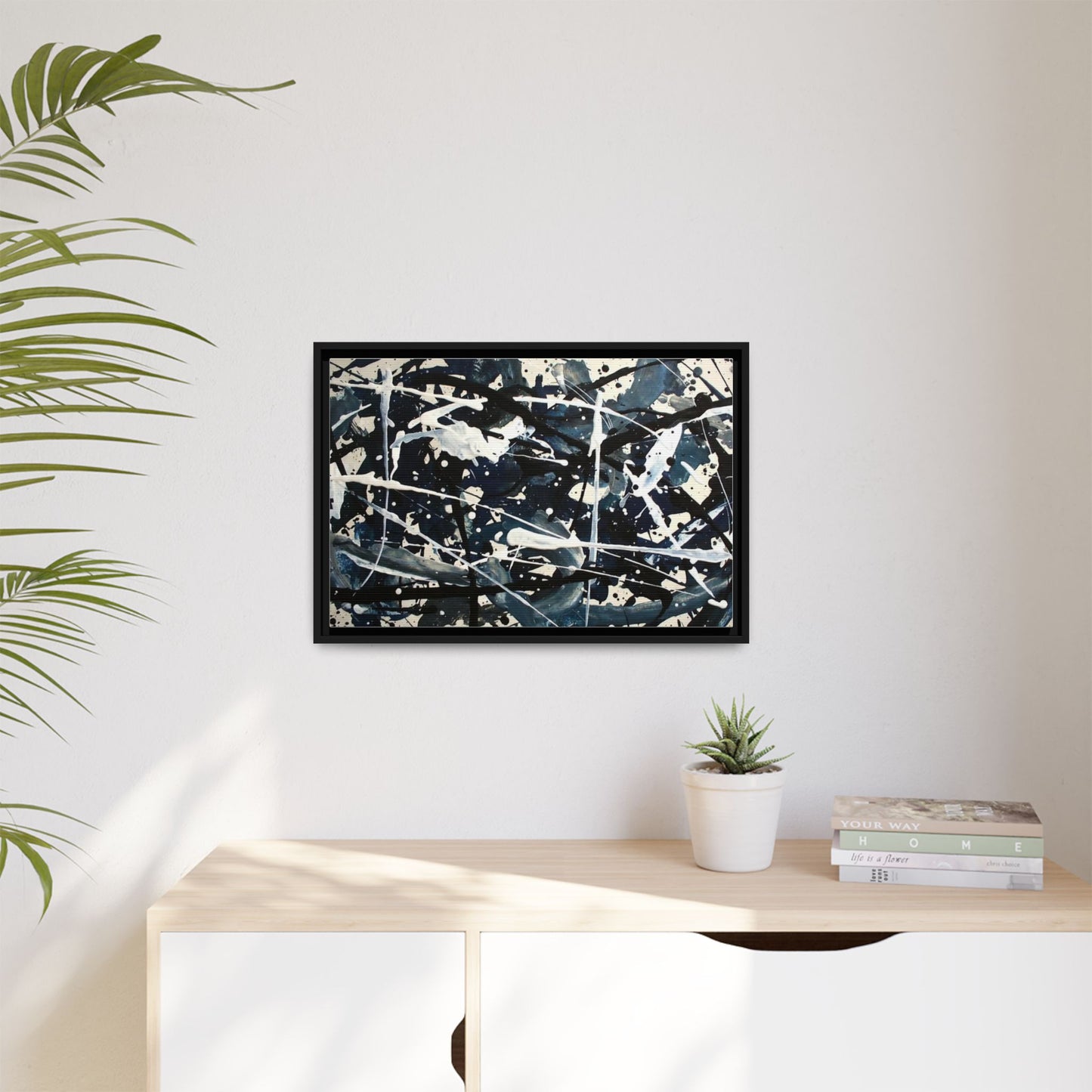 Abstract Splatter Matte Canvas Framed Wall Art — Black & Blue Modern Art Print