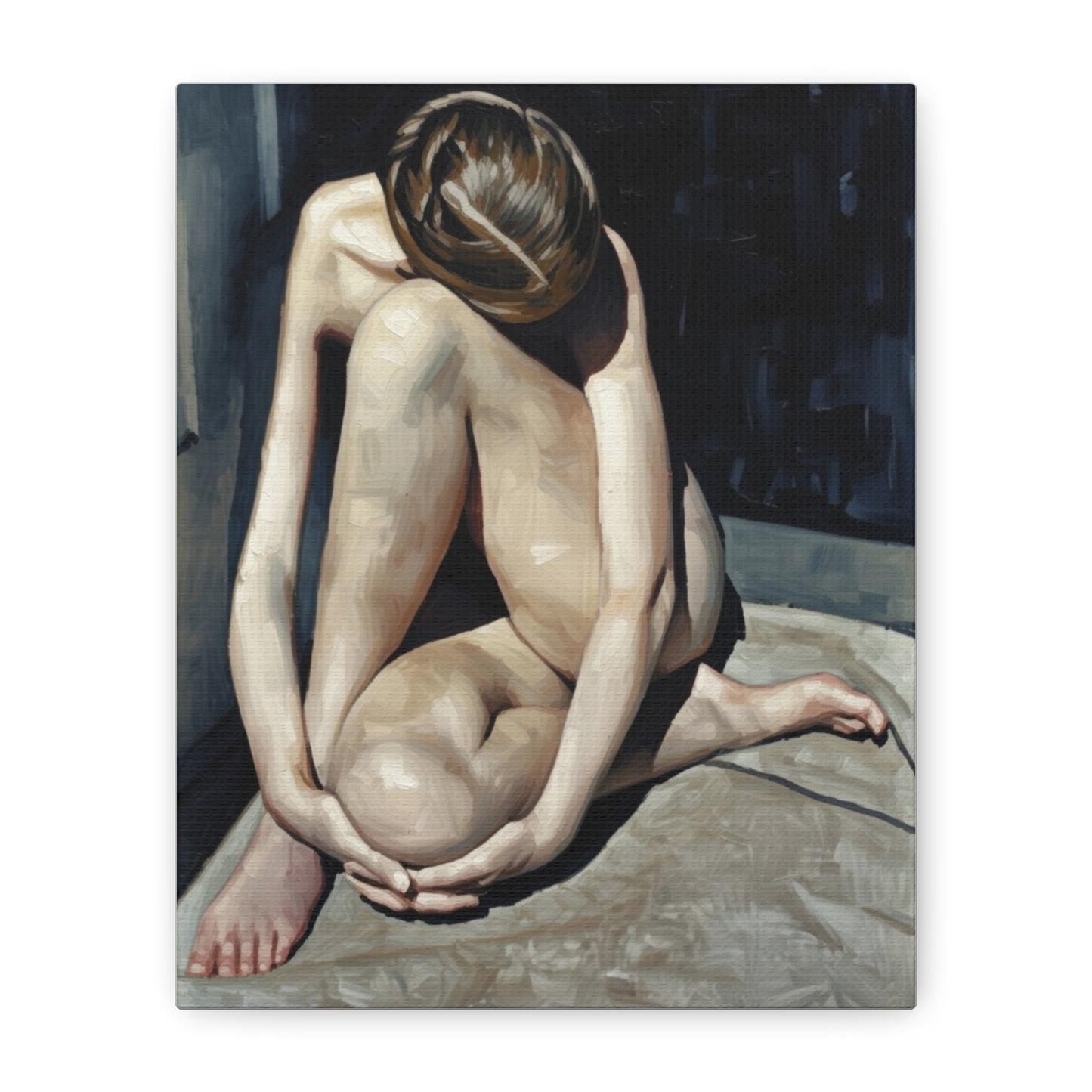 Figurative Nude Art Canvas Print — Contemplative Female Figure Matte Stretched
