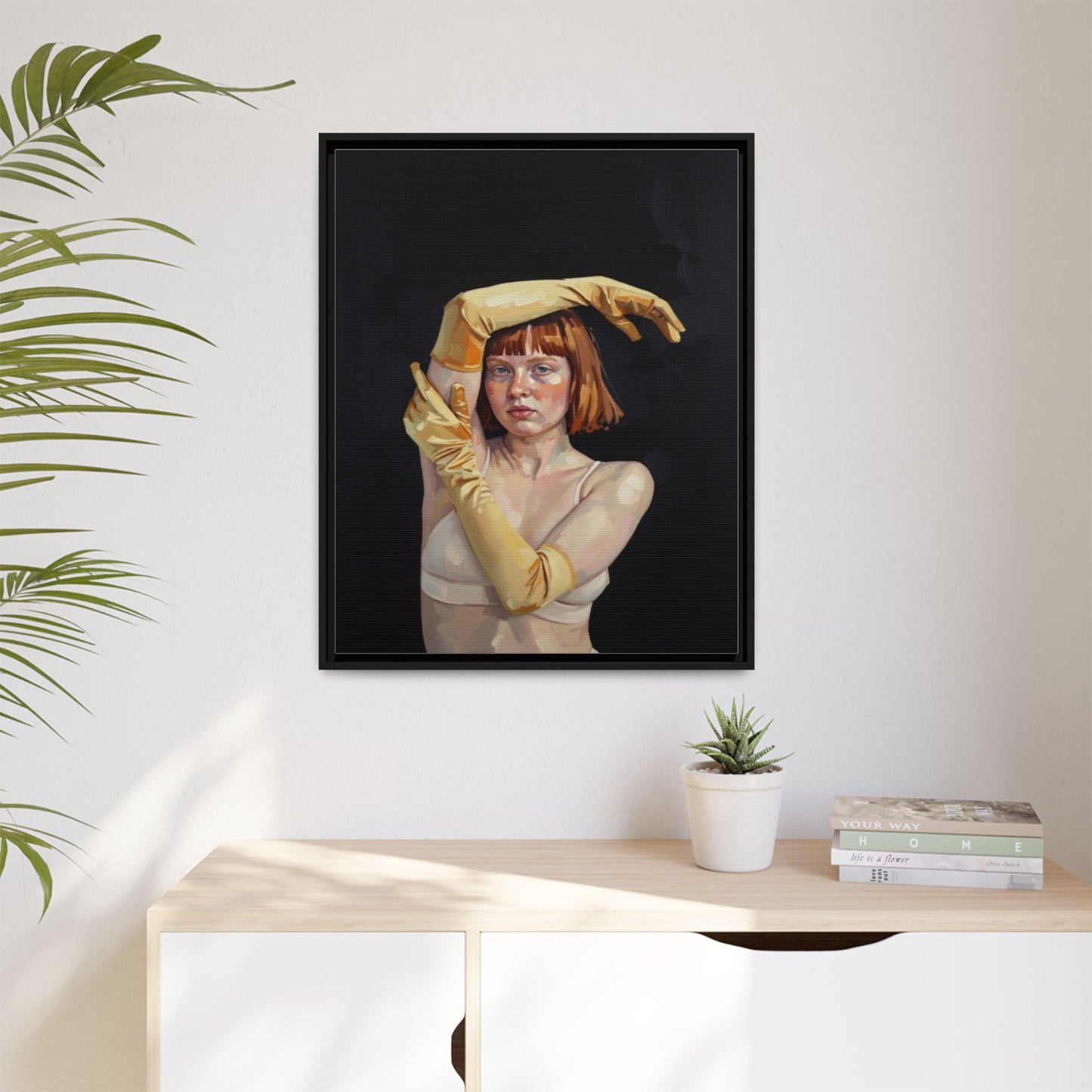 Framed Matte Canvas Art – Portrait of Woman in Yellow Gloves