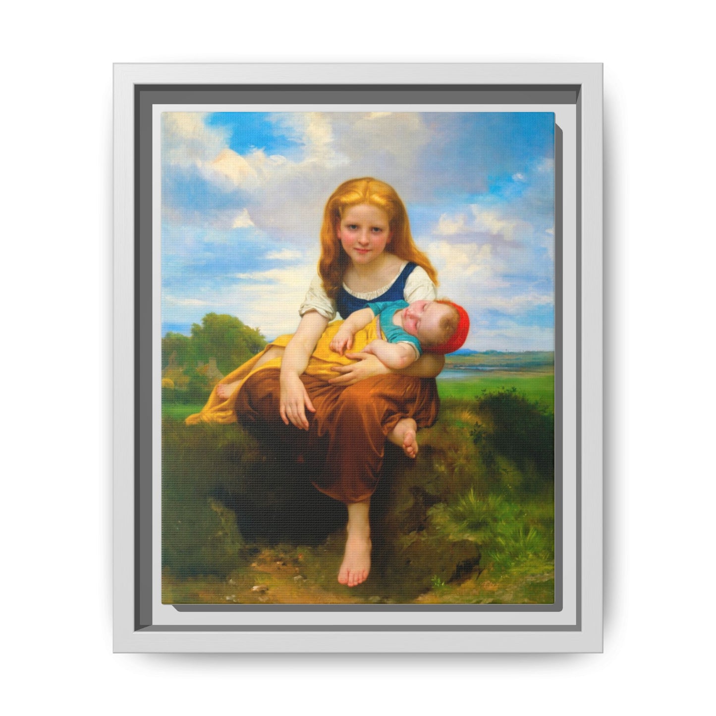 Young Girl Holding Sleeping Baby Canvas Print, Framed Wall Art