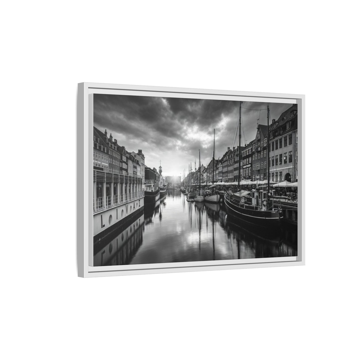 Framed Matte Canvas: Black & White Dutch Canal Photography Wall Art