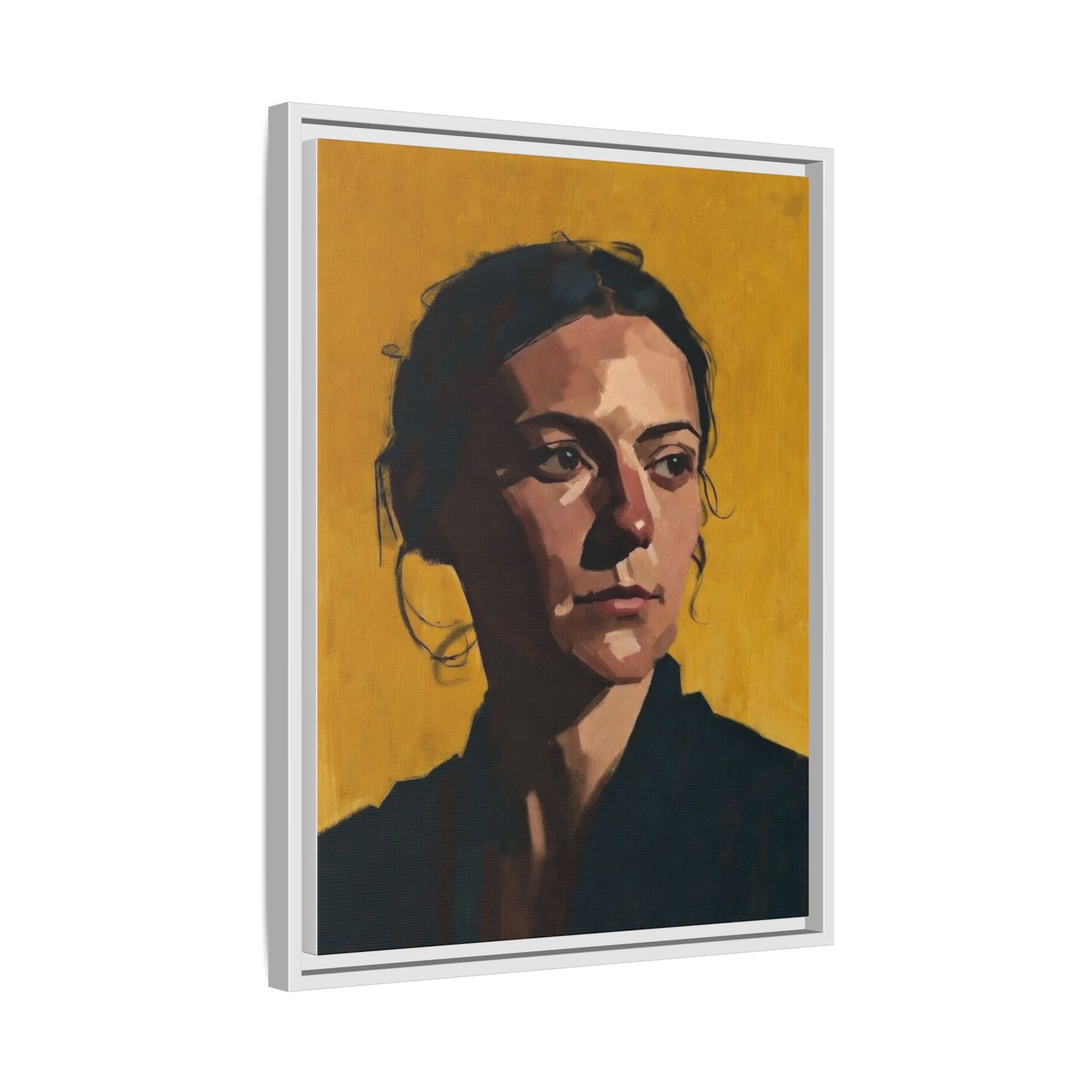 Framed Matte Canvas Portrait Art — Moody Woman on Mustard Background