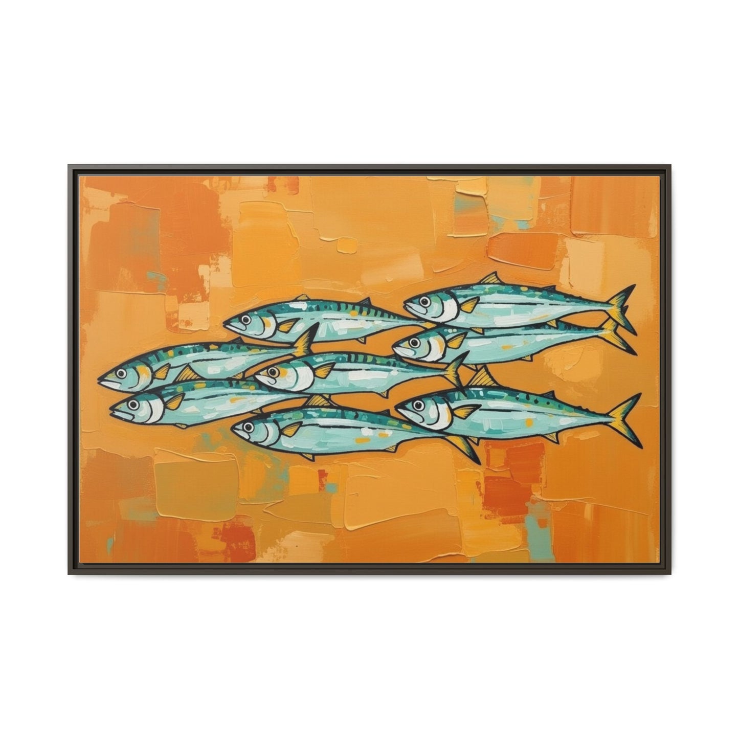 Framed Matte Canvas Print — School of Blue Fish on Orange Abstract Background