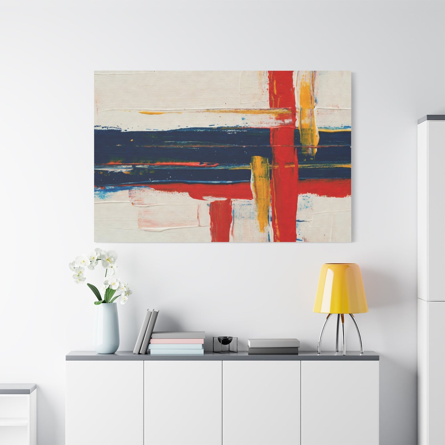 Abstract Modern Canvas Art Print — Red, Navy & Gold Stretched Matte Canvas