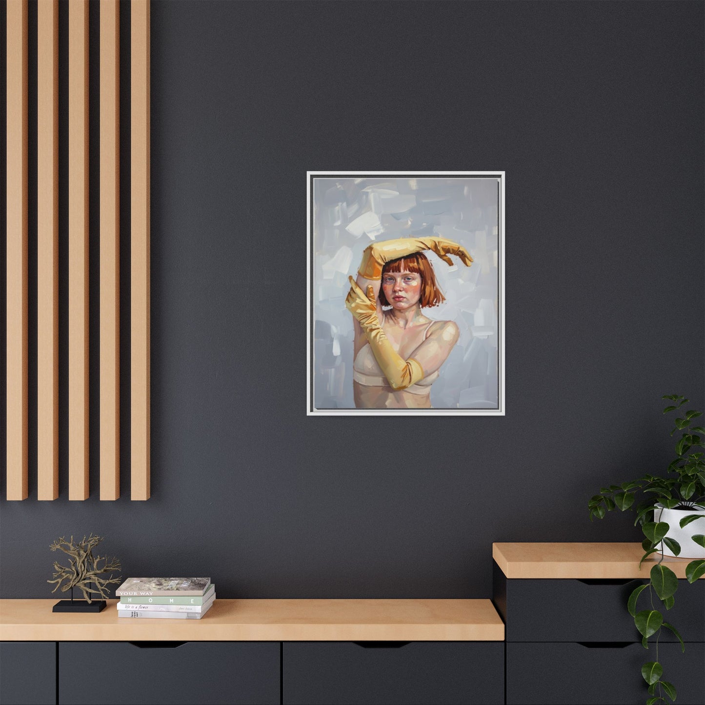 Contemporary Portrait Canvas Print — Woman with Yellow Gloves (Framed Matte)