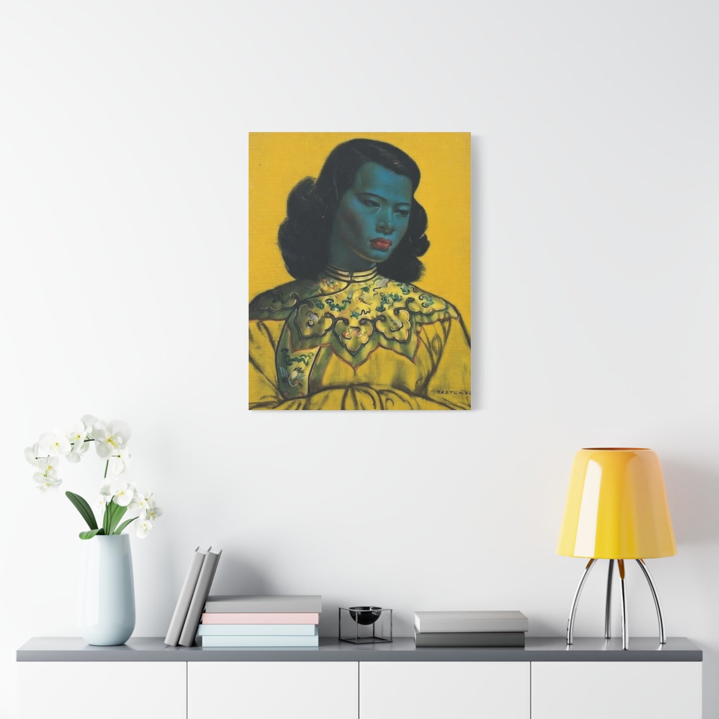 Vintage Portrait Canvas Print — Mid-Century Asian Woman Art on Yellow Background