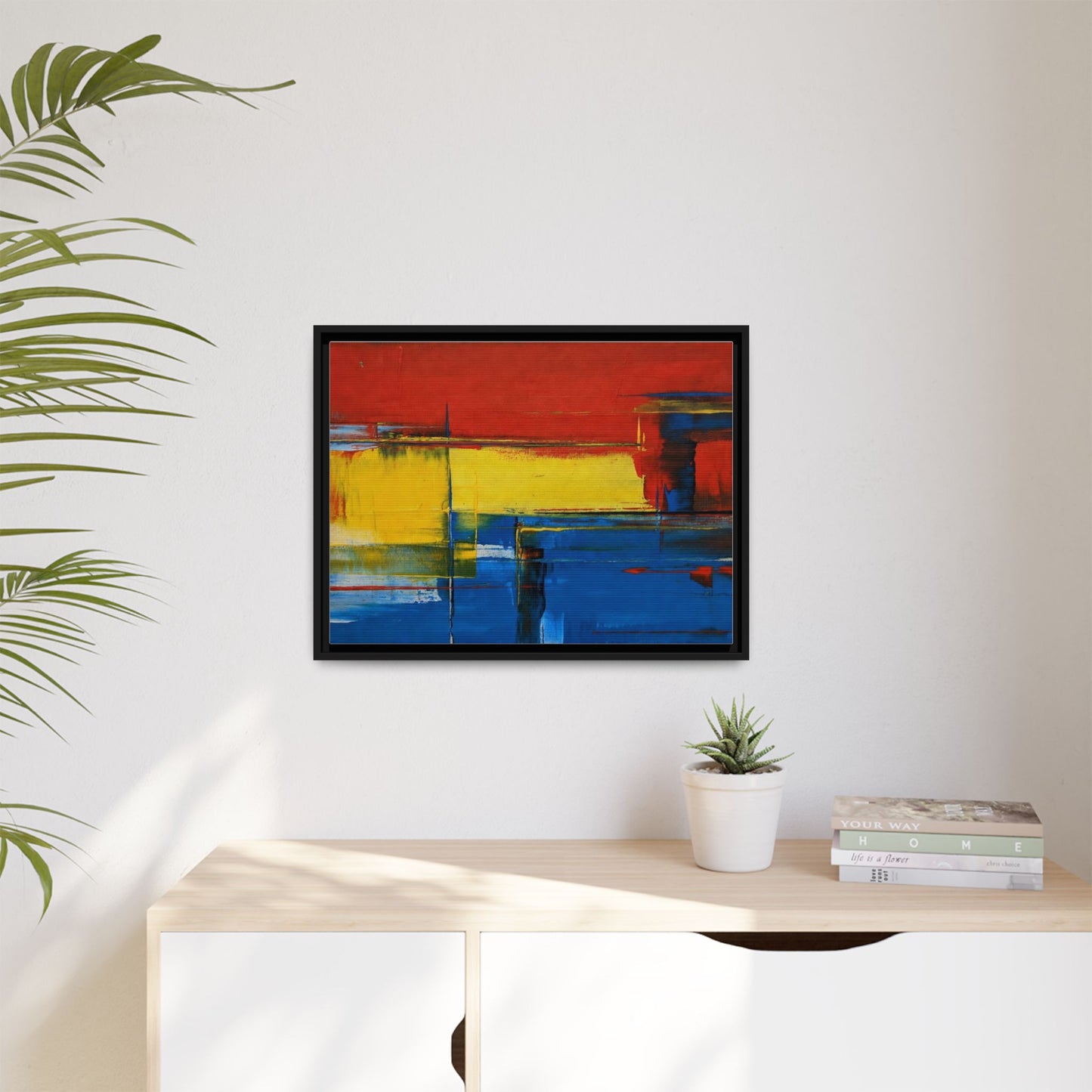 Abstract Color Block Matte Canvas Framed Wall Art — Modern Red Yellow Blue Painting