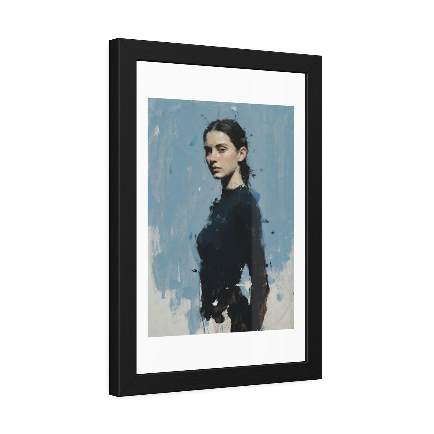Framed Art Print — Moody Portrait with Blue Painterly Background