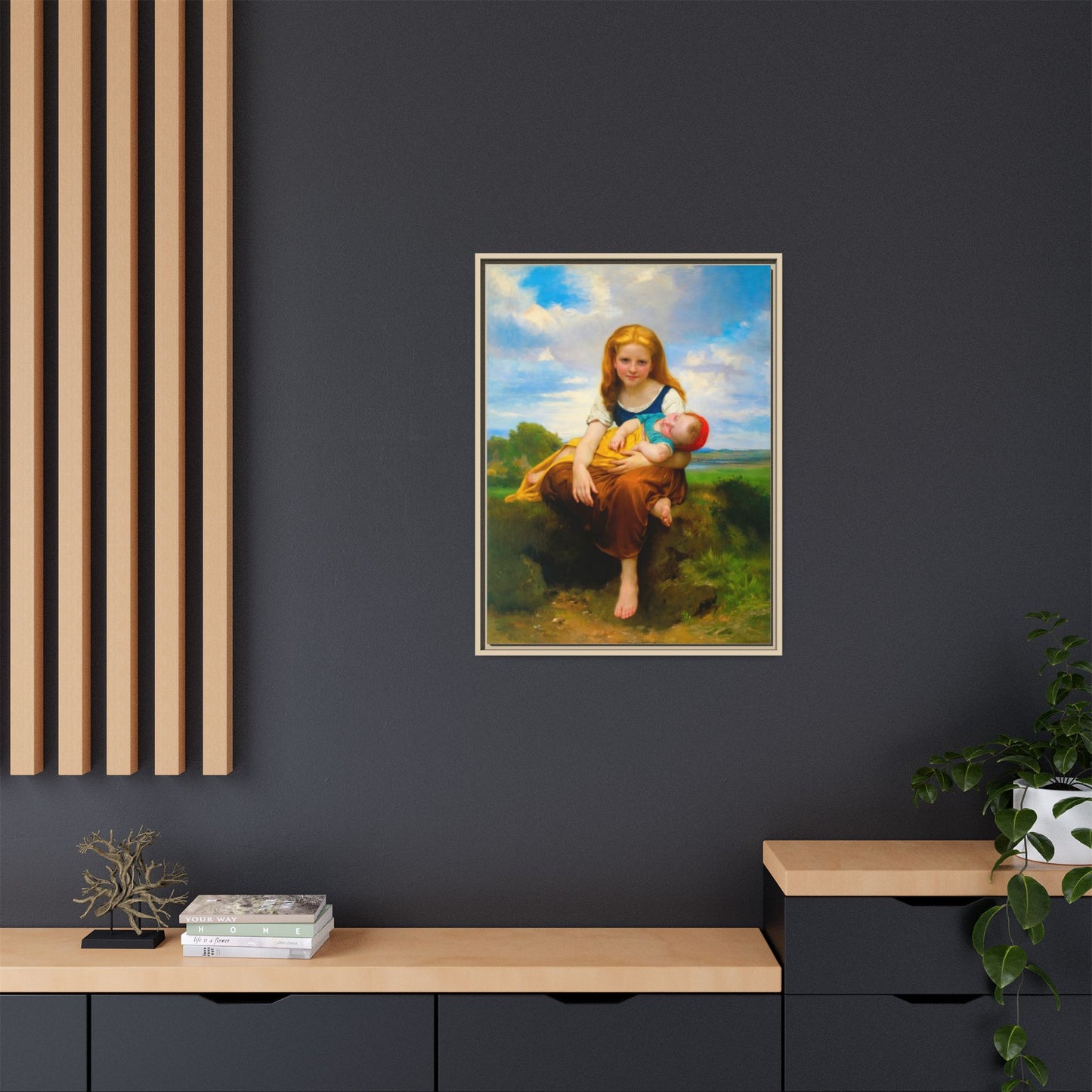 Young Girl Holding Sleeping Baby Canvas Print, Framed Wall Art