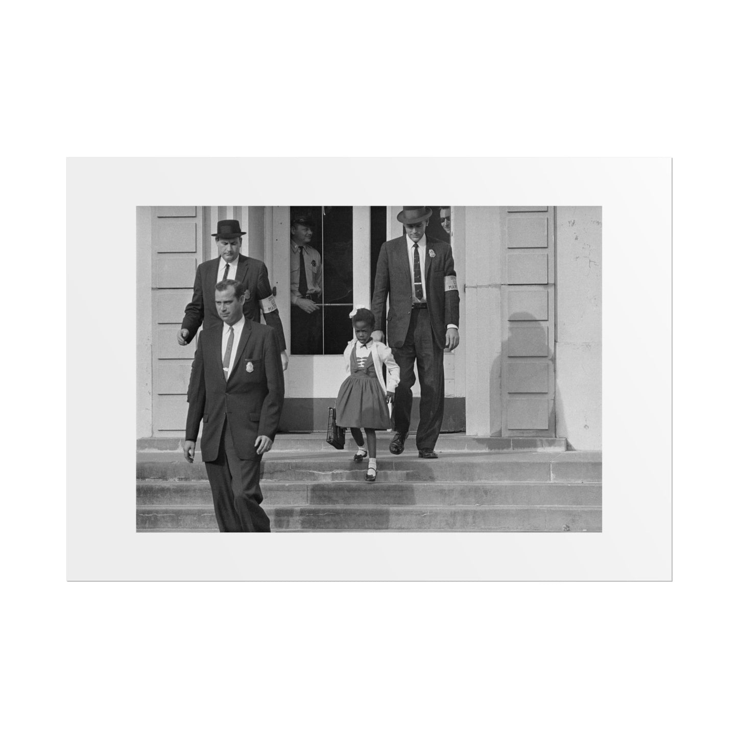 US Marshals with Young Ruby Bridges on School Steps by Unknown  Black & White Civil Rights Photograph Wall Art Print