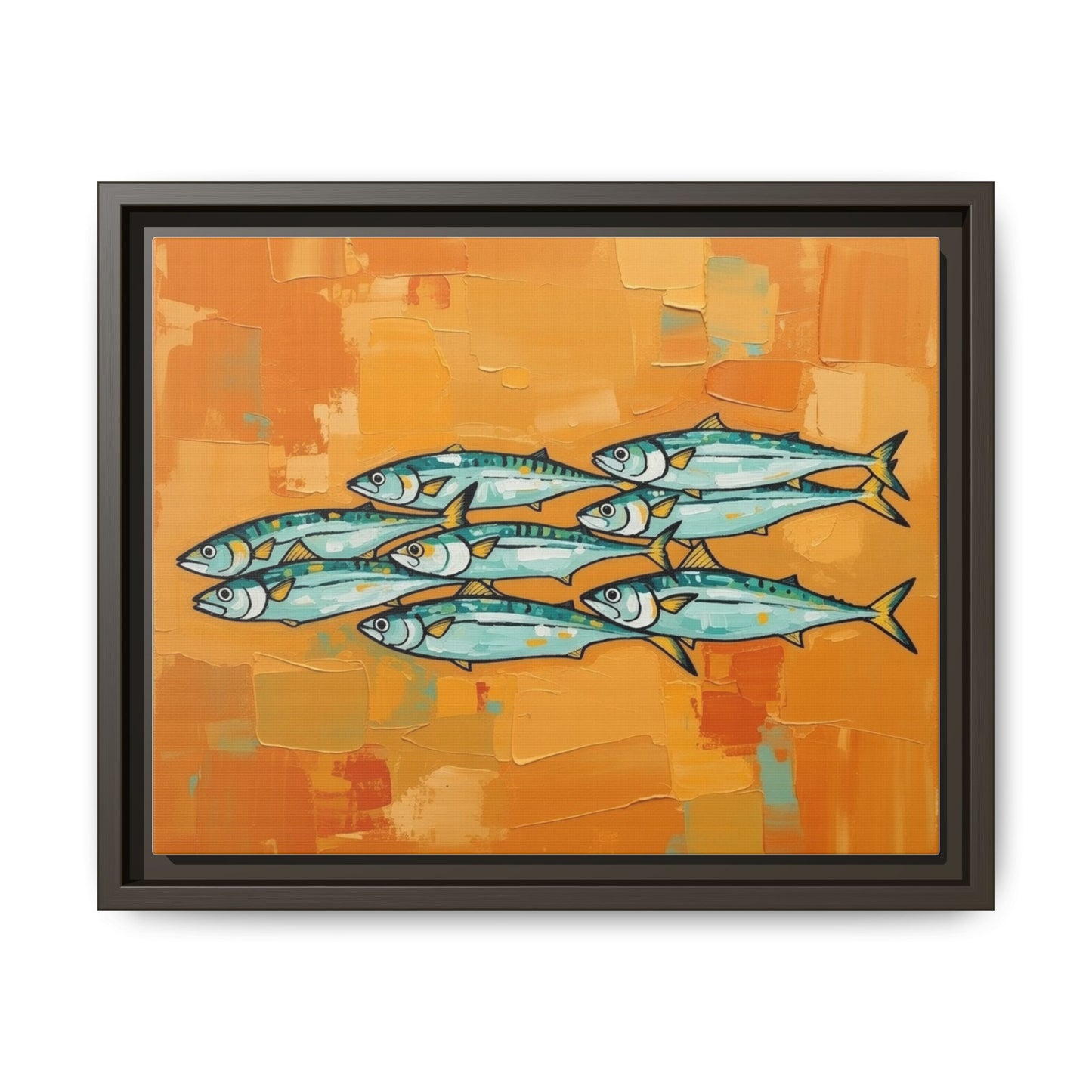 Framed Matte Canvas Print — School of Blue Fish on Orange Abstract Background