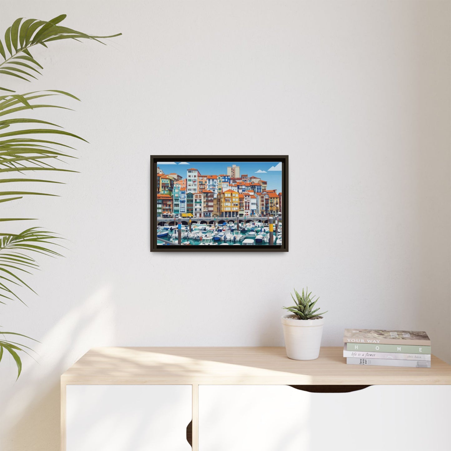 Framed Matte Canvas Print — Colorful Mediterranean Harbor Illustration