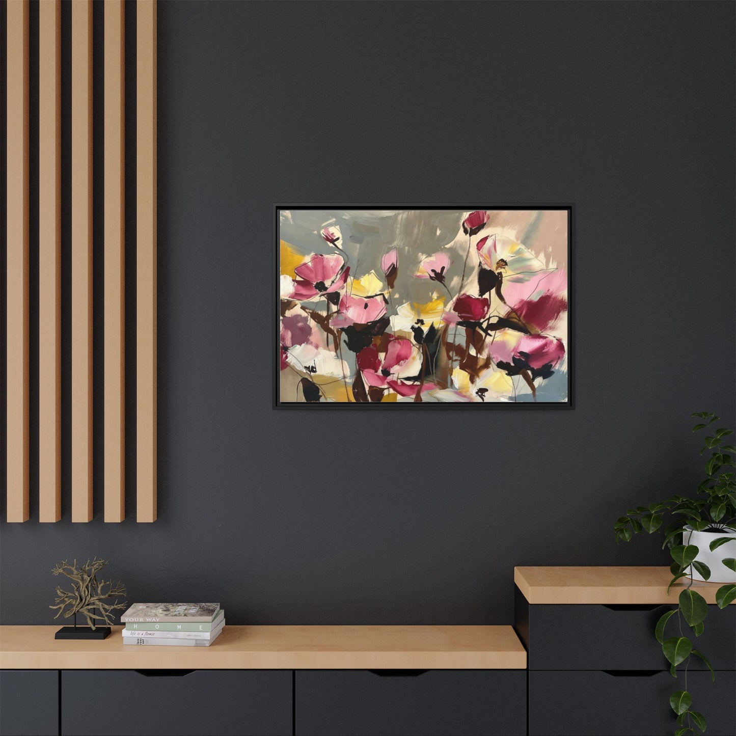 Framed Floral Canvas Wall Art — Abstract Pink & Yellow Flowers