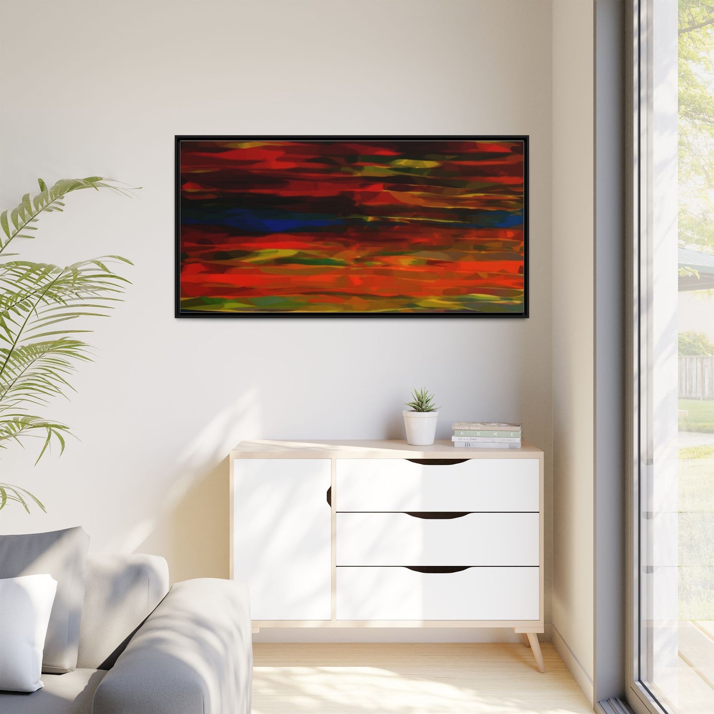 Abstract Multi-Color Matte Canvas Framed Wall Art — Bold Red & Blue Modern Painting