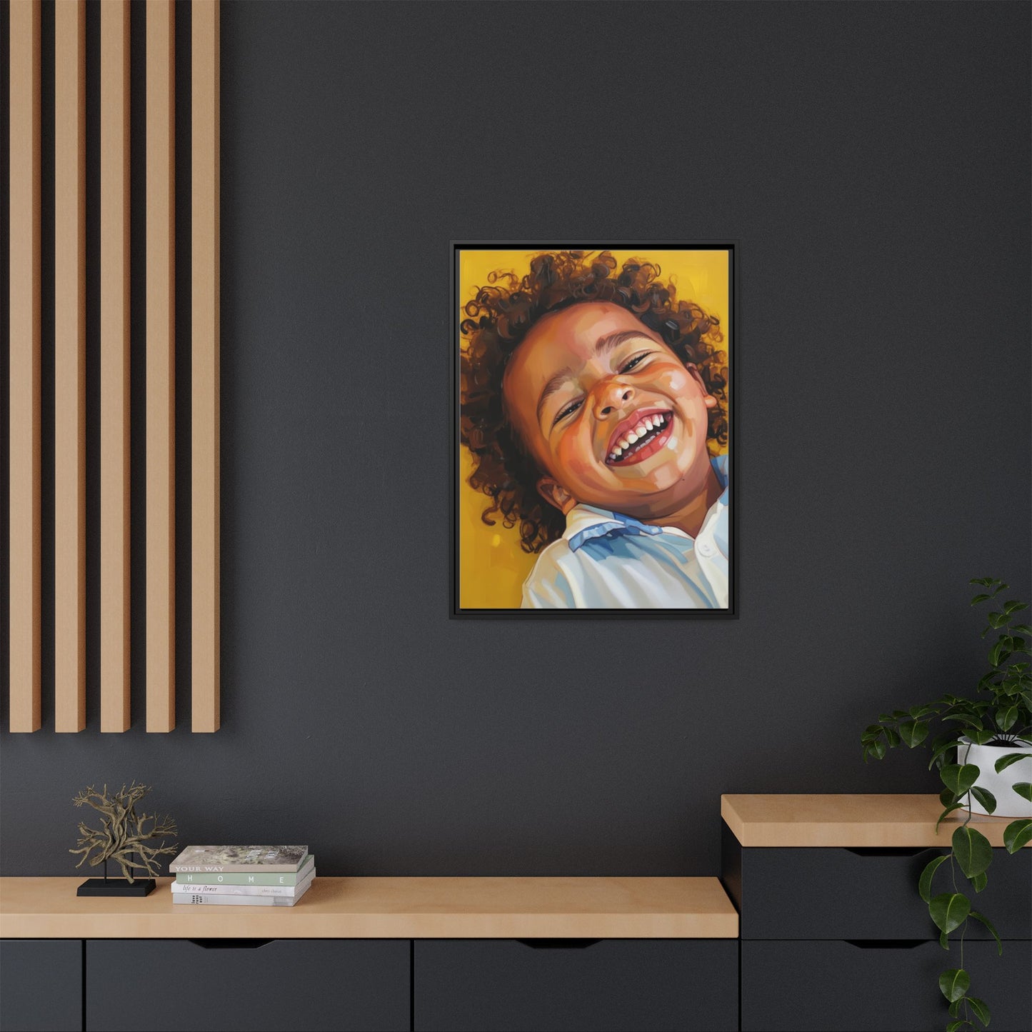 Framed Matte Canvas Print – Joyful Child Portrait, Colorful Nursery Wall Art
