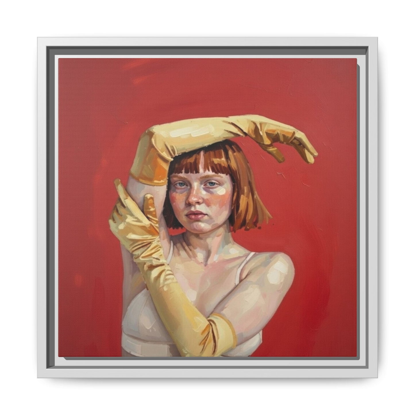 Framed Matte Canvas Art - Portrait of Woman in Yellow Gloves (Red Background)