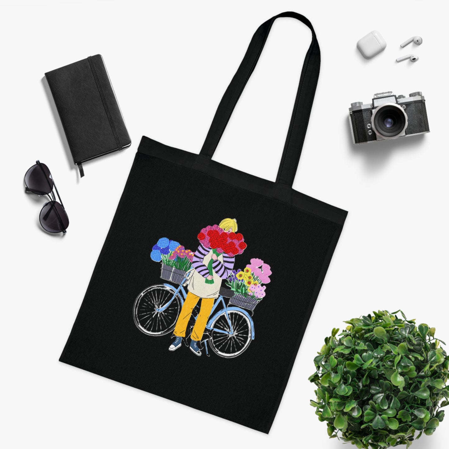 Floral Bike Tote Bag — Cotton Market Tote with Colorful Flower Bicycle Design