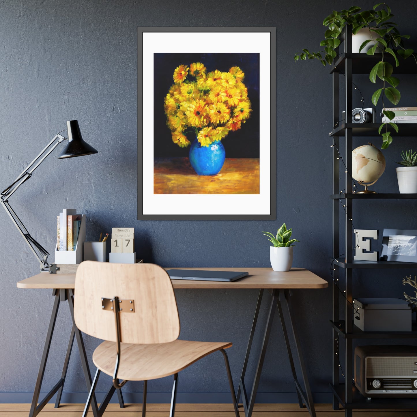 Framed Art Print — Yellow Daisy Bouquet in Blue Vase