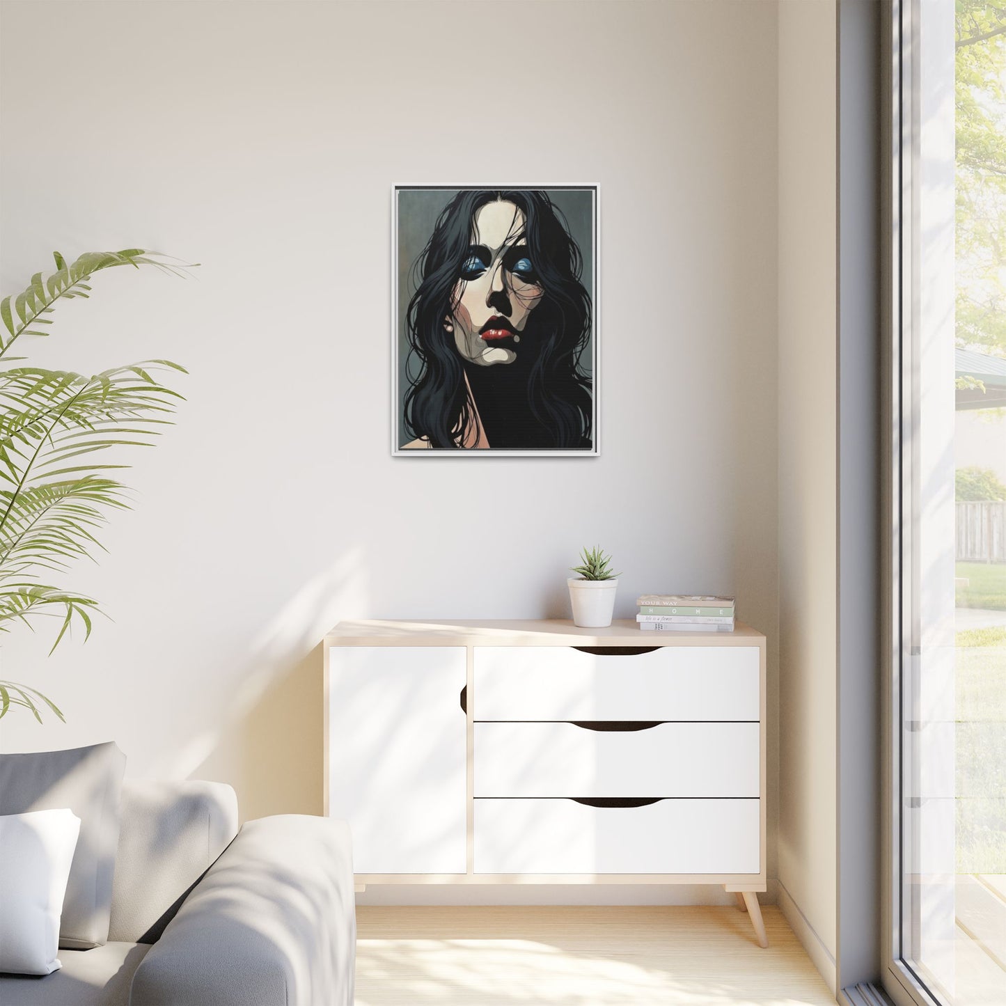 Framed Matte Canvas: Moody Portrait of Woman – Modern Gothic Wall Art