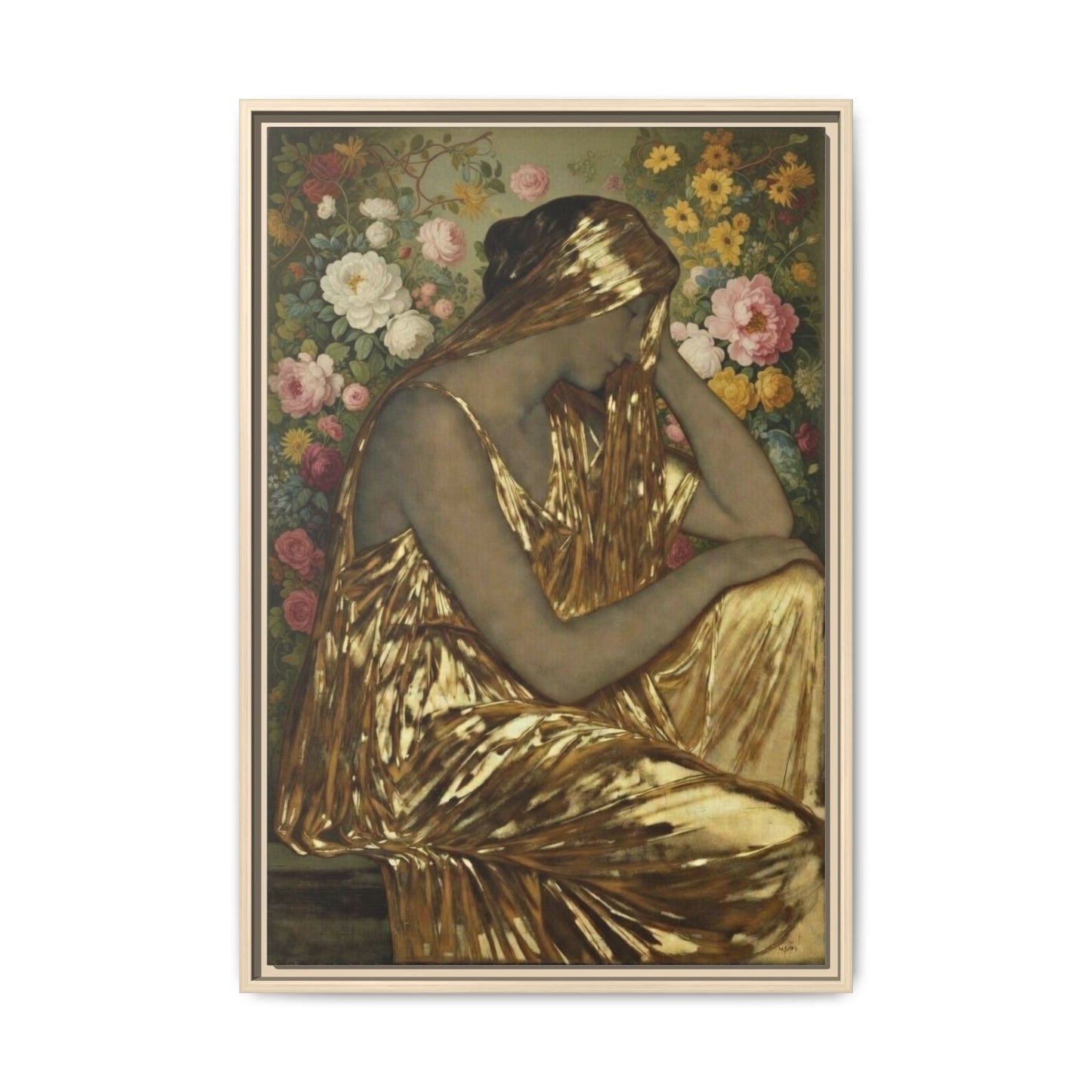 Framed Canvas Art Print — Golden Muse Woman with Floral Background
