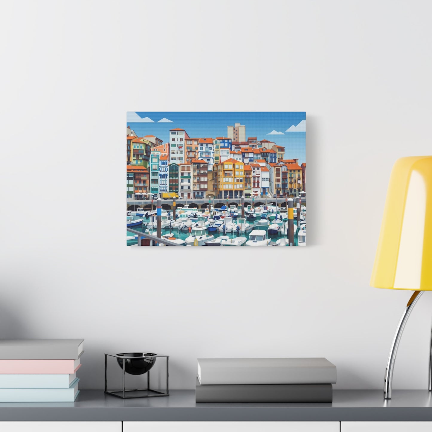Colorful Coastal Harbor Matte Canvas Print — Stretched Wall Art