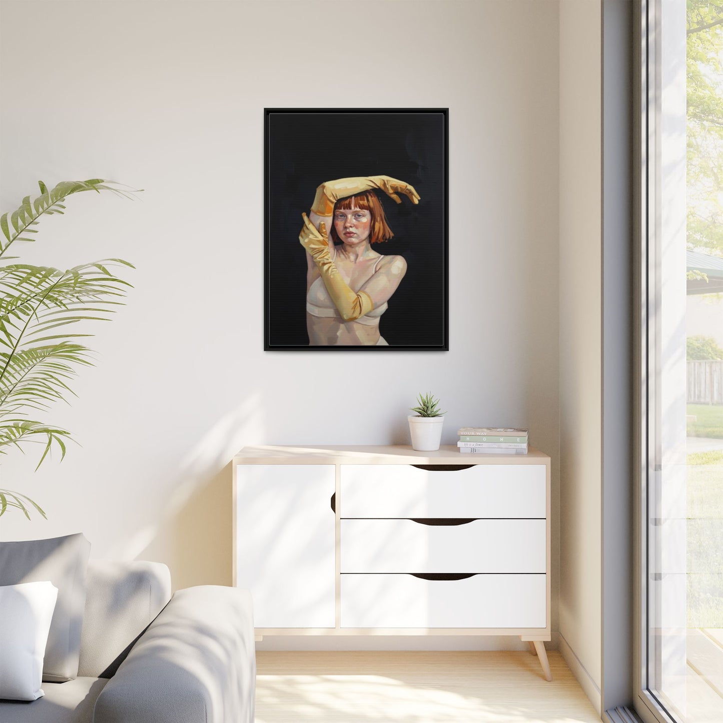 Framed Matte Canvas Art – Portrait of Woman in Yellow Gloves